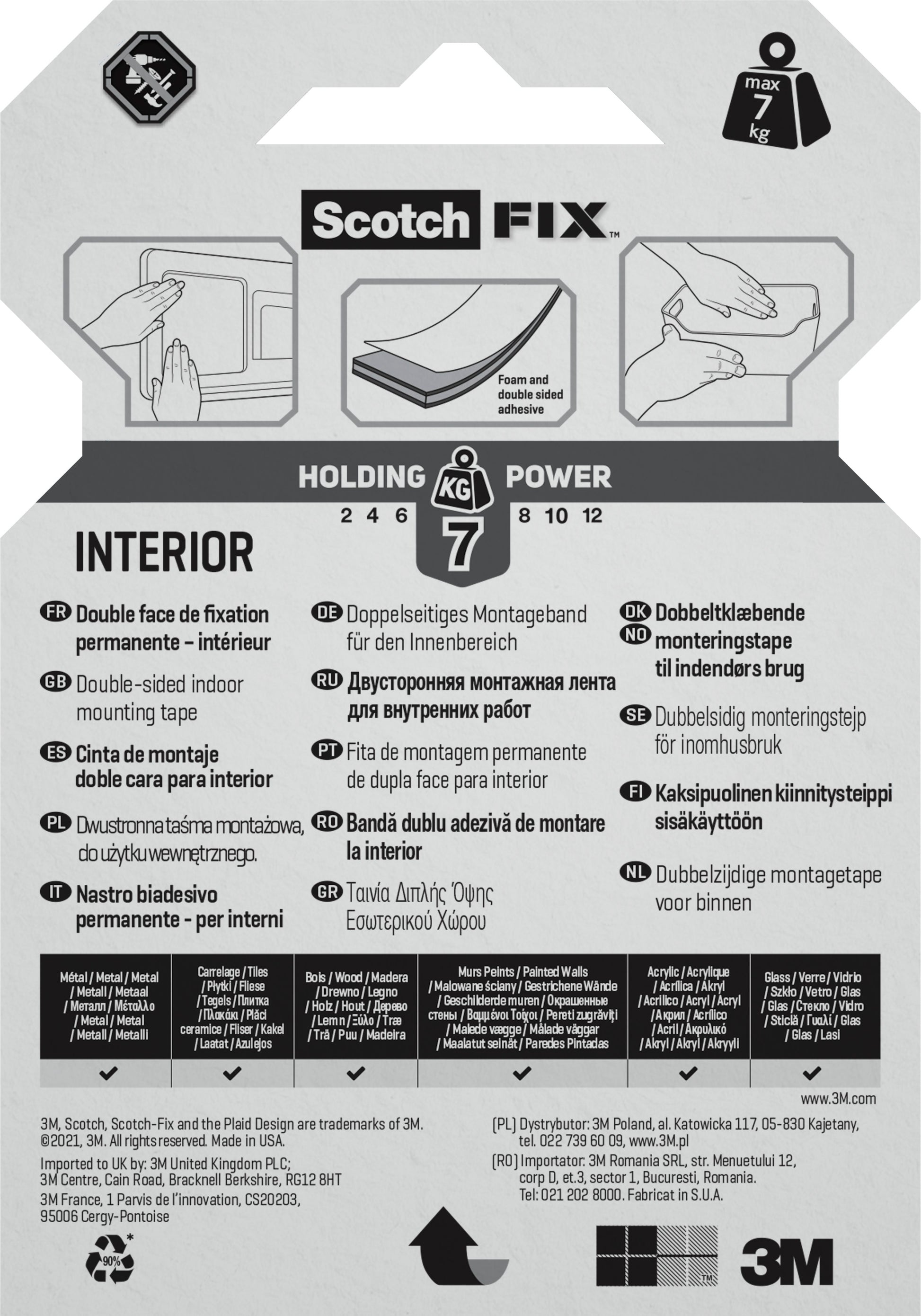 Auf der Rückseite einer Scotch-FIX™ Doppelseitiges Innenmontageband-Verpackung der 3M Deutschland GmbH befinden sich Gebrauchsanweisungen, eine Haltekraft von 7 kg, mehrsprachige Produktdetails, Symbole und das 3M Logo am unteren Rand.