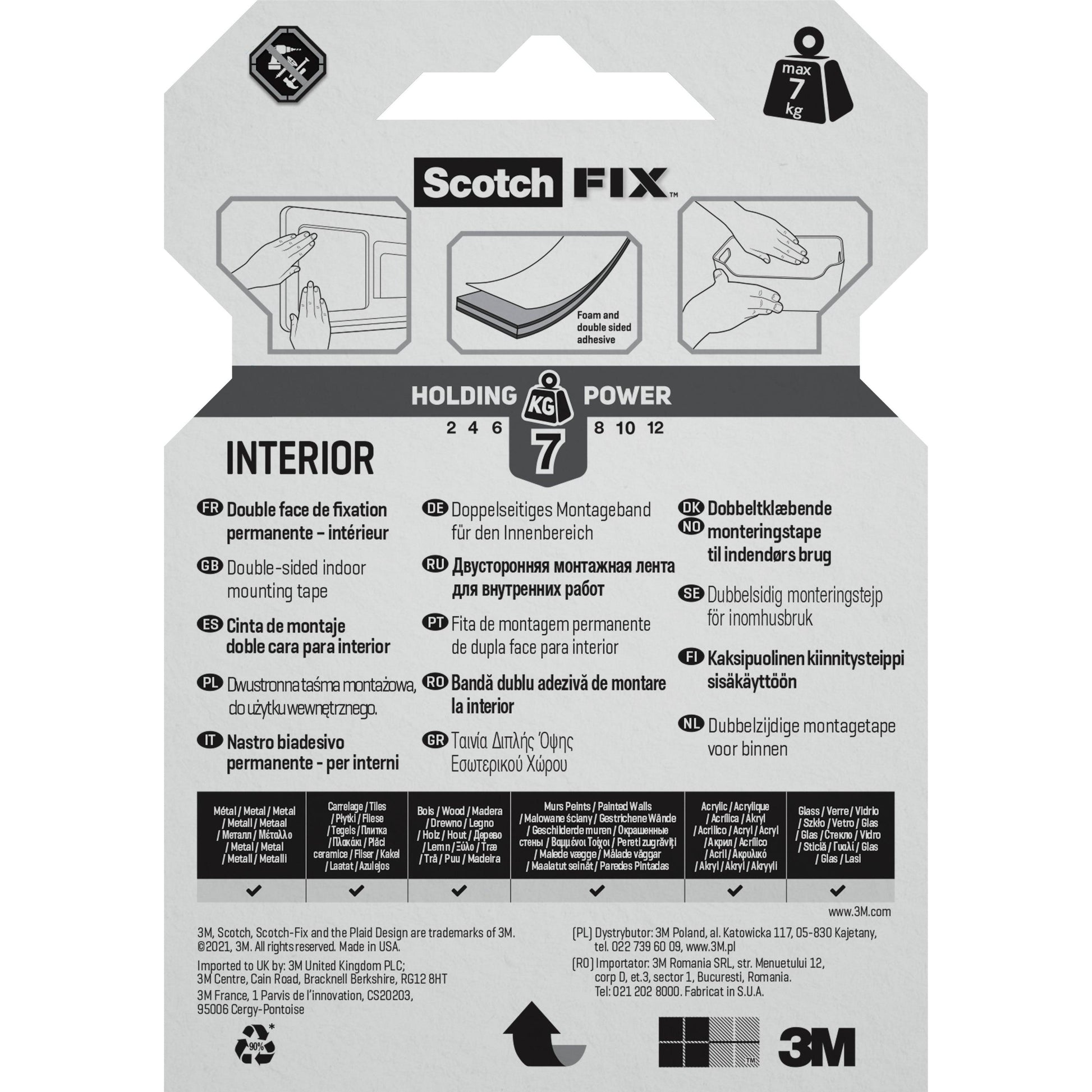 Auf der Rückseite einer Scotch-FIX™ Doppelseitiges Innenmontageband-Verpackung der 3M Deutschland GmbH befinden sich Gebrauchsanweisungen, eine Haltekraft von 7 kg, mehrsprachige Produktdetails, Symbole und das 3M Logo am unteren Rand.