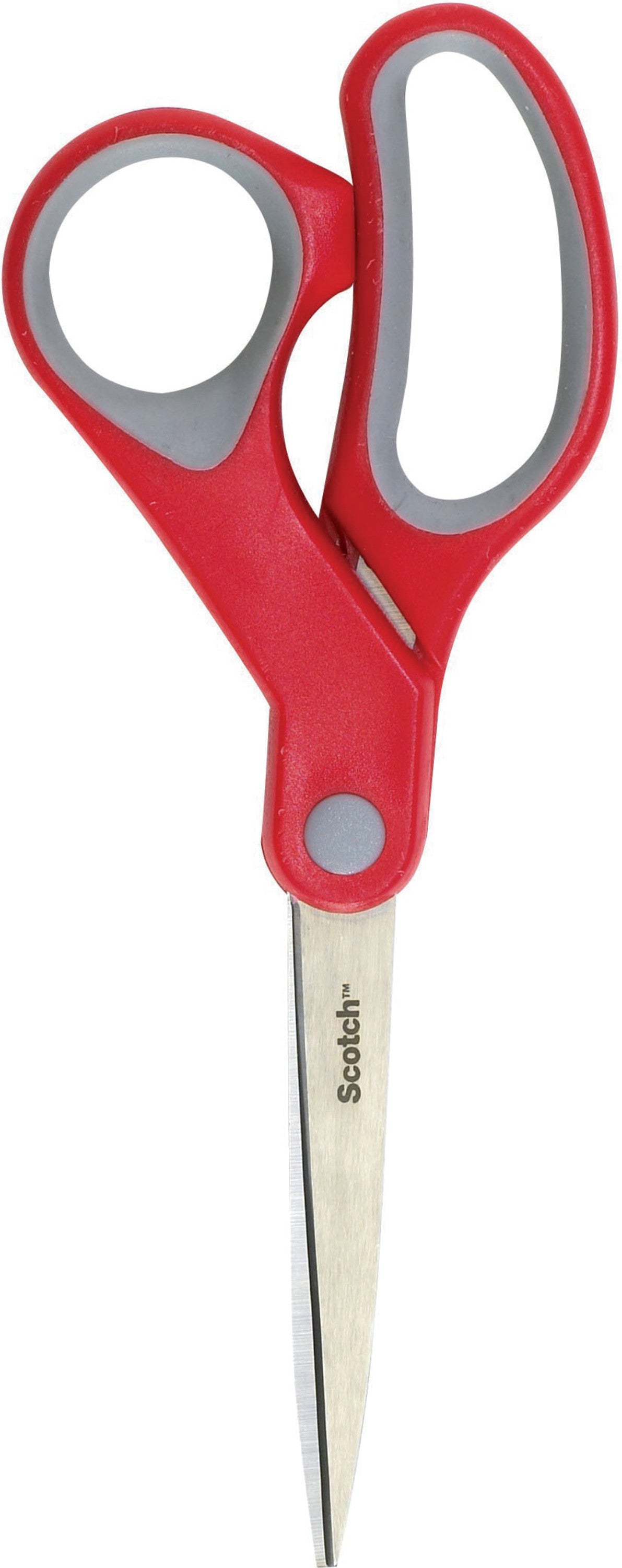 Die Scotch™ Komfortschere von 3M Deutschland GmbH ist eine Schere aus rostfreiem Stahl mit roten und grauen Griffen, die mit geschlossenen Blättern und nach oben gerichteten Griffen abgebildet ist.