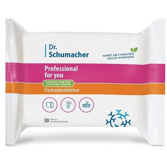 Dr. Schumacher GmbH PROFESSIONAL@home Flächendesinfektionstücher (30 Tücher) in einer weißen Packung mit rosa und orangefarbenen Akzenten, mit Piktogrammen für Keime und Bakterien-ideal für die professionelle Desinfektion zuhause.