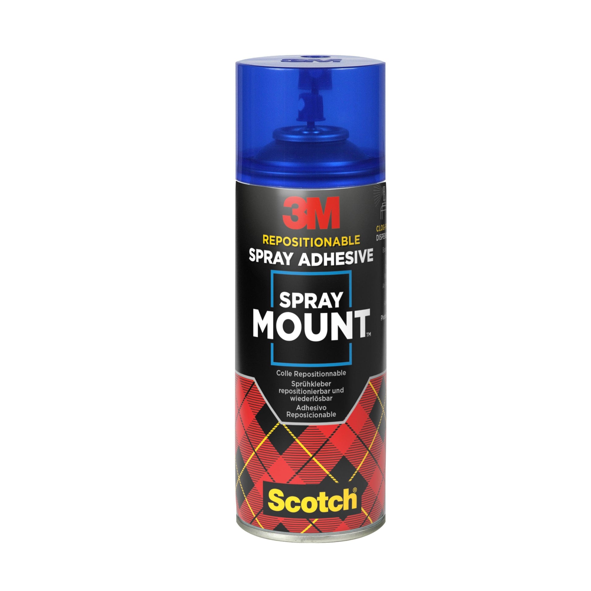 Eine 400-ml-Dose 3M™ Scotch® SprayMount™ Klebespray der 3M Deutschland GmbH mit blauem Verschluss und kariertem Etikett mit der Aufschrift "Spray Mount" und "Scotch".