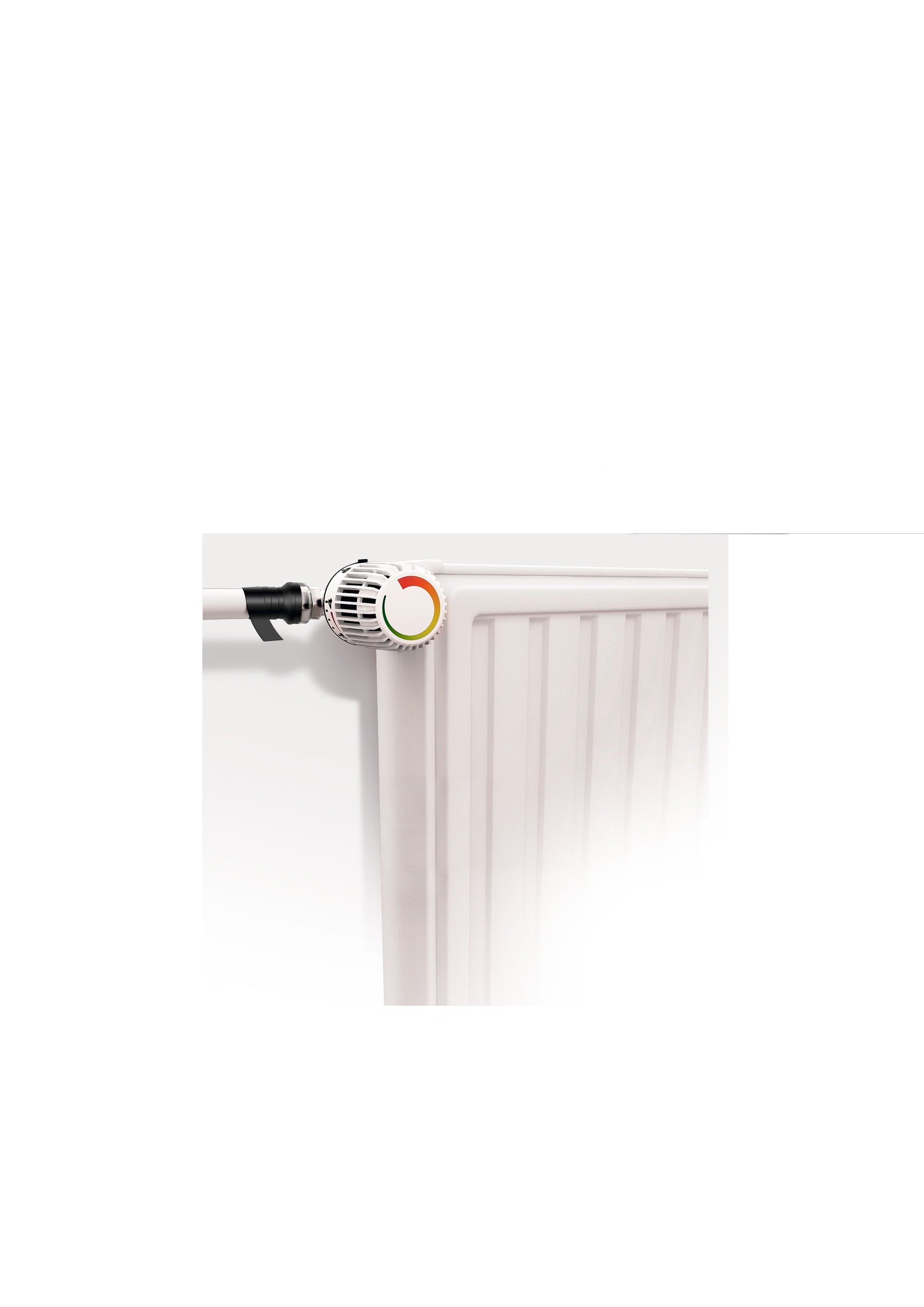 Nahaufnahme eines weißen Heizkörpers mit daneben liegendem Temperaturregelventil, auf dem das Scotch® selbstverschweißendes Reparaturband GFNSP 4704 (Schwarz, 25 mm x 3 m) der 3M Deutschland GmbH vor einem schlichten weißen Hintergrund angebracht ist.