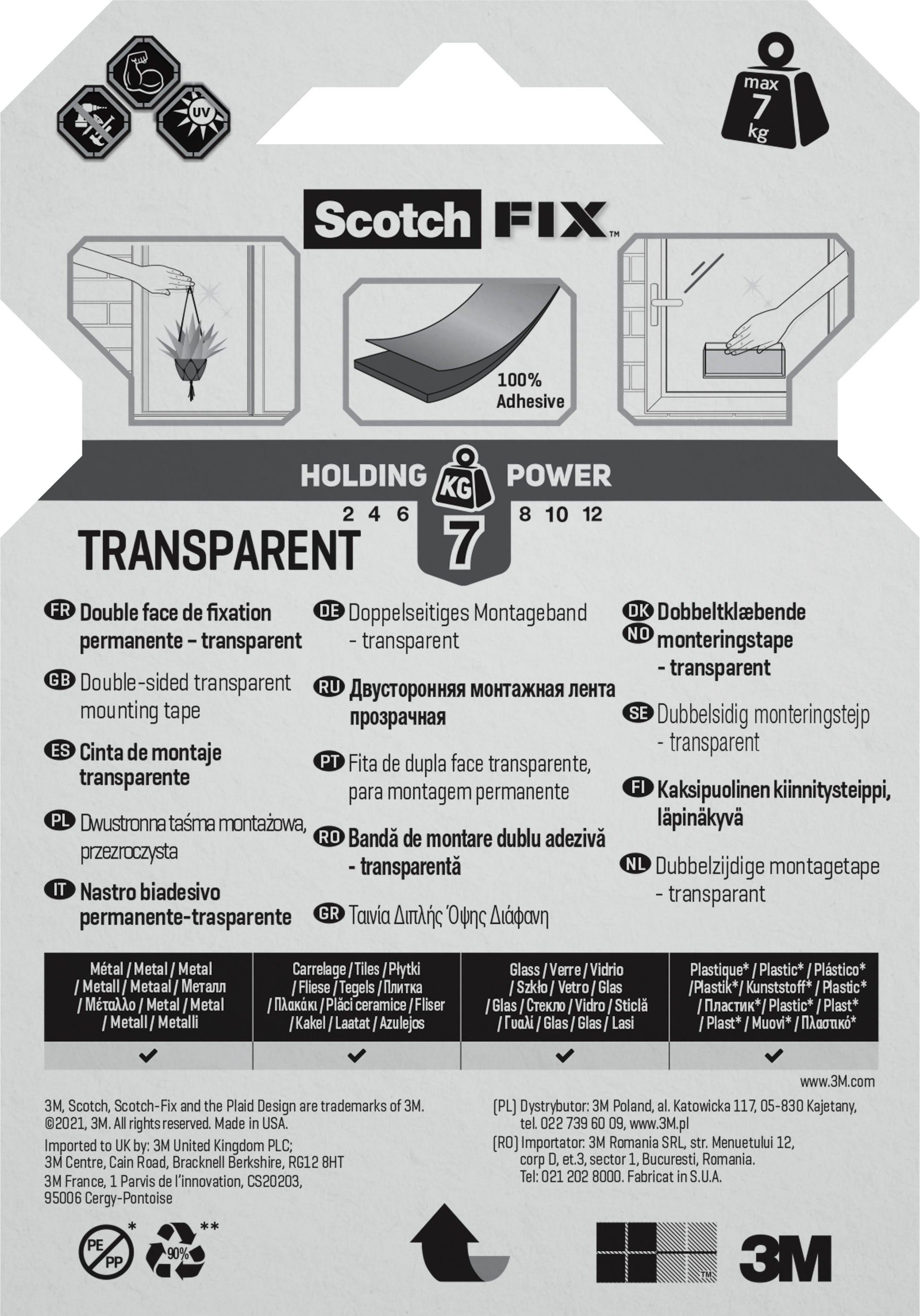 Das Scotch-FIX™ Transparentes doppelseitiges Montageband 4910C von 3M Deutschland GmbH verfügt über ein Etikett mit bis zu 7 kg Haltekraft, eine mehrsprachige Anleitung, Produktbilder und das 3M Logo am unteren Rand.