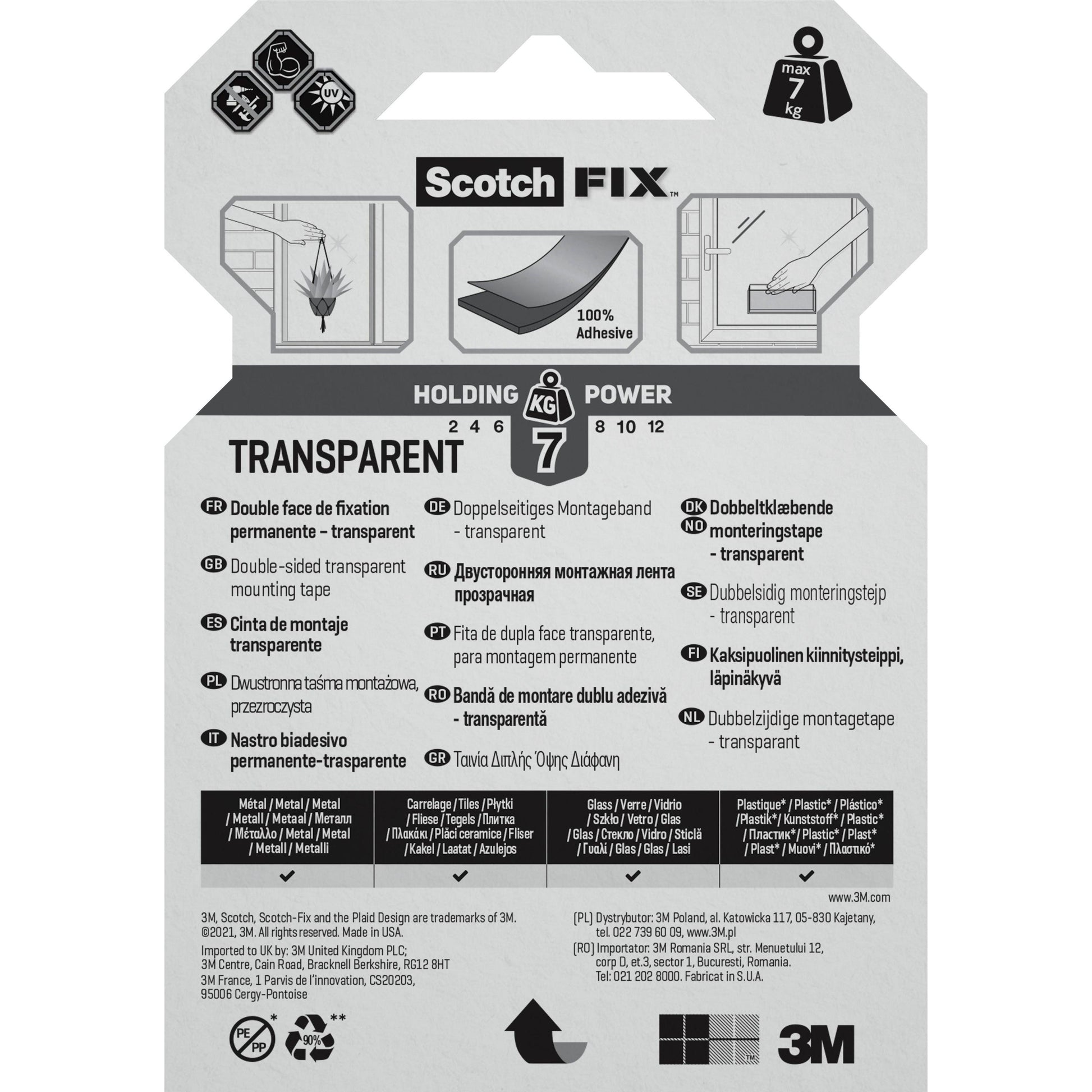 Das Scotch-FIX™ Transparentes doppelseitiges Montageband 4910C von 3M Deutschland GmbH verfügt über ein Etikett mit bis zu 7 kg Haltekraft, eine mehrsprachige Anleitung, Produktbilder und das 3M Logo am unteren Rand.