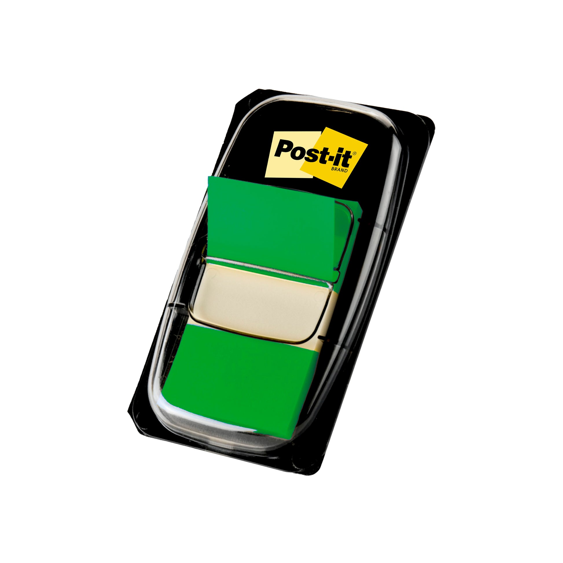Eine Packung Post-it® Index Haftstreifen von 3M Deutschland GmbH in grün, Größe 25,4 mm x 43,2 mm, mit 50 Fähnchen pro Klarsichtspender und einem gelben Post-it Logo-Etikett am oberen Rand.