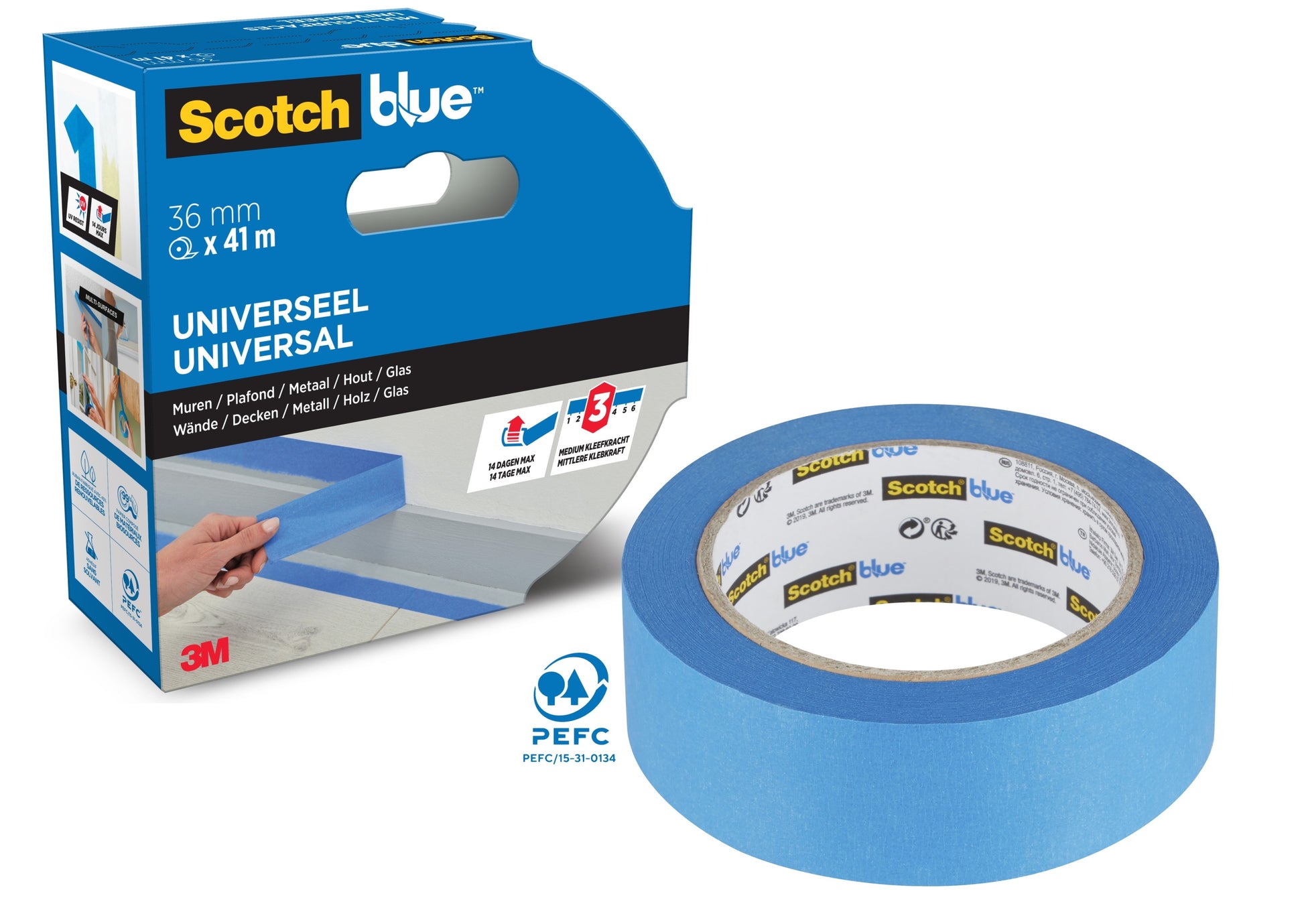 Eine Rolle ScotchBlue™ Malerabdeckband "Multi-Surface" der 3M Deutschland GmbH ist in einer blau-schwarzen Verpackung mit dem 3M-Logo, einer Bandbreite von 36 mm und dem Hinweis auf die Eignung für mehrere Oberflächen abgebildet.