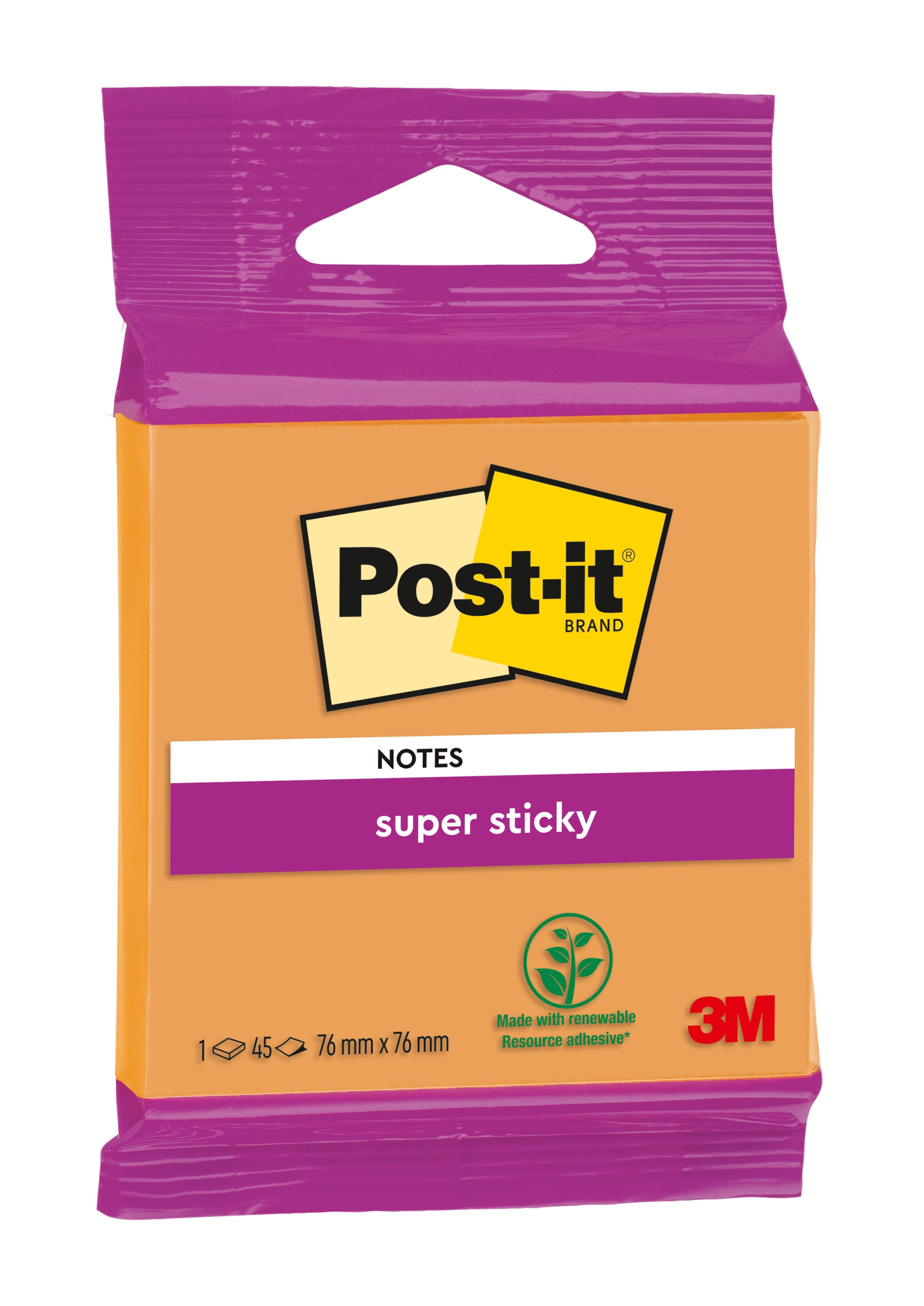 Eine Packung Post-it® Super Sticky Notes der 3M Deutschland GmbH, 76 mm x 76 mm, orange mit lila Etikett, mit dem Umweltzeichen und 45 Blatt aus 100% PEFC-zertifiziertem Papier.