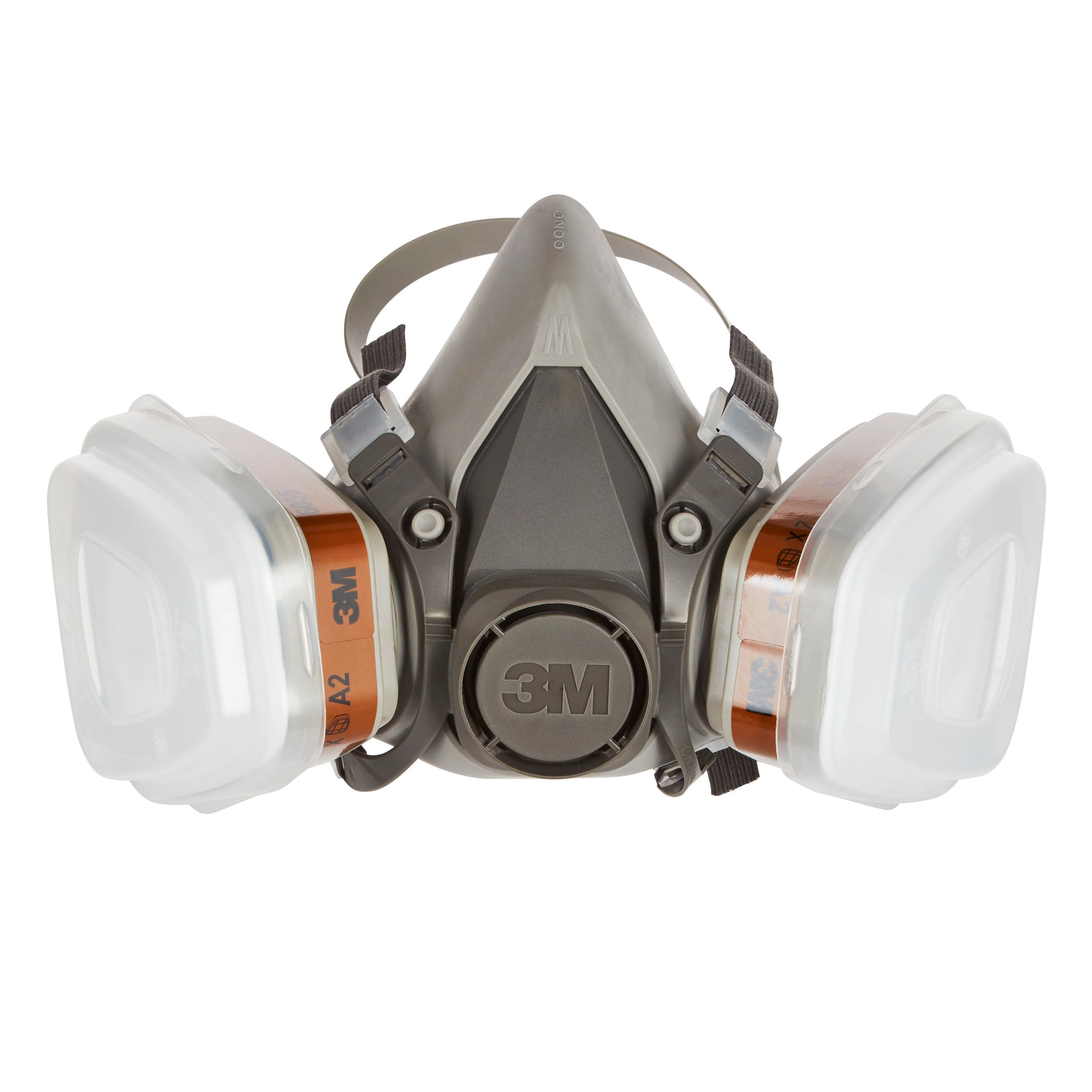 Die 3M™ Arbeitsschutz-Starter-Box für Profis 1000MCWE von 3M Deutschland GmbH enthält eine graue Halbmaske mit aufgesetzten weißen und braunen Filtern und verstellbaren schwarzen Bändern, alles in einem Set.
