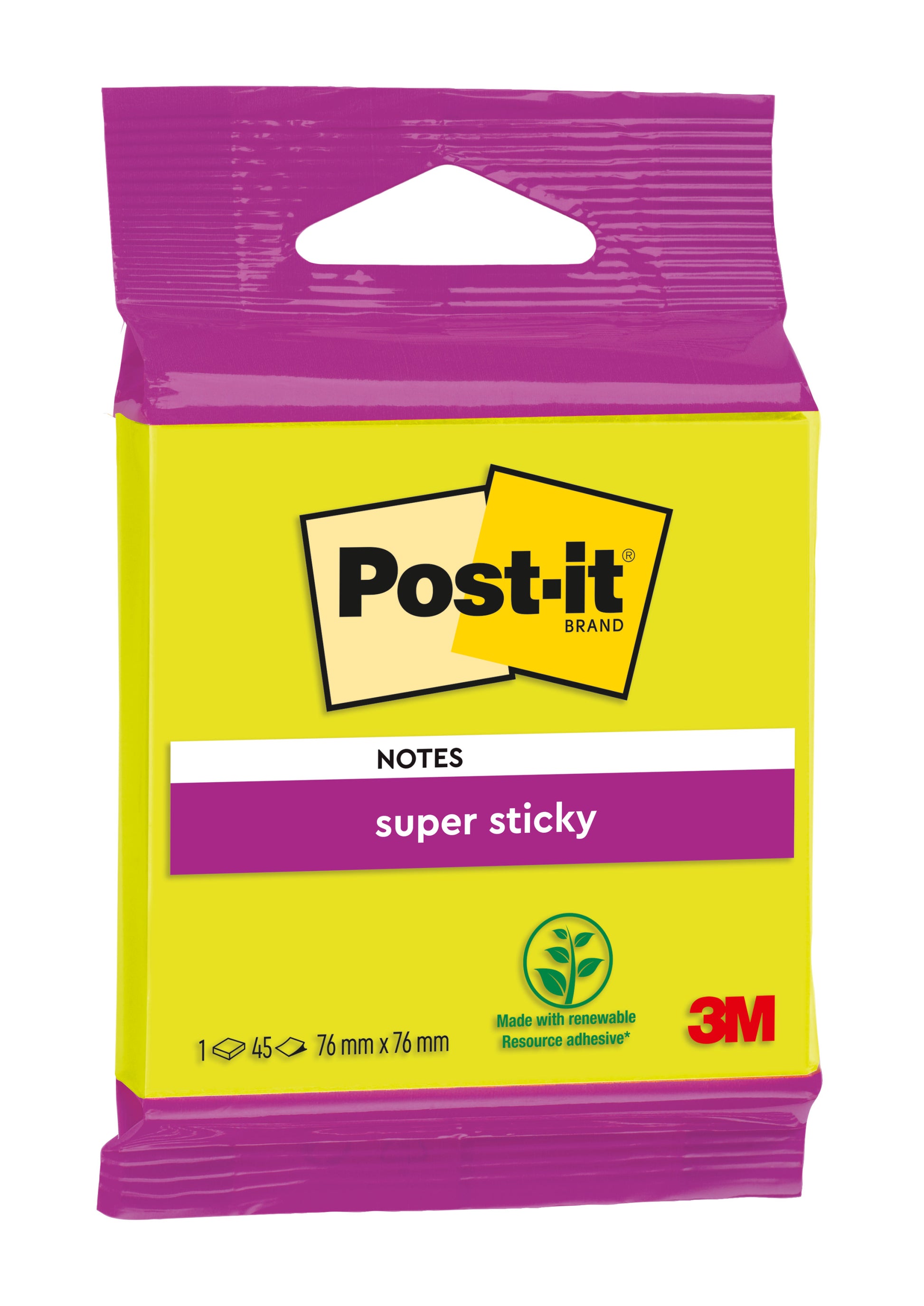 Post-it® Super Sticky Notes von 3M Deutschland GmbH, 76 mm x 76 mm, 45 Blatt/Block, in gelber Verpackung mit lila Akzenten, haben einen Klebstoff aus nachwachsenden Rohstoffen und sind PEFC-zertifiziert.