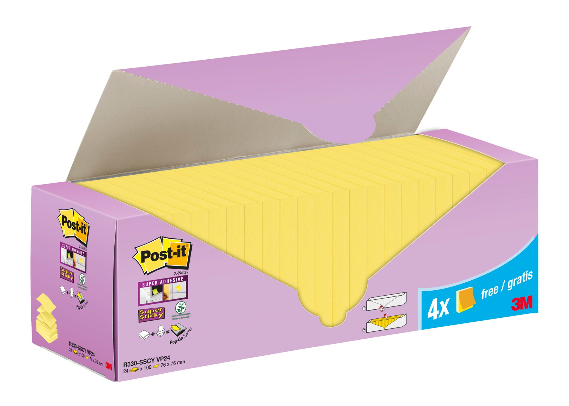 Eine lila Schachtel Post-it® Super Sticky Z-Notes, Gelb, 76x76mm, zeigt gestapelte Zettel im Inneren. Der Karton enthält 20 Blöcke + 4 freie (90 Blatt/Block), ist PEFC-zertifiziert (SGSCH-PEFC-COC-110078) und trägt das 3M-Logo.