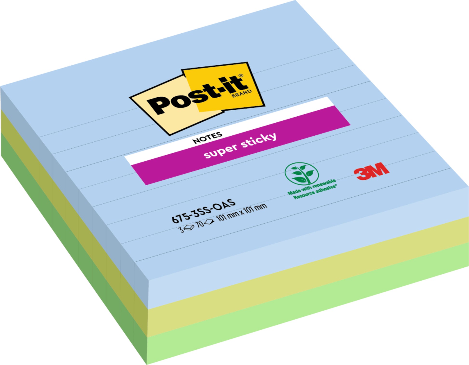 Abgebildet ist ein Stapel 3M Post-it® Super Sticky Notes im Großformat (101 x 101 mm, 70 Blatt/Block, 100% PEFC) in Pastellfarben, mit blauen Notizen obenauf. Auf der Verpackung sind die Logos von Post-it und der 3M Deutschland GmbH sowie Produktangaben abgebildet.