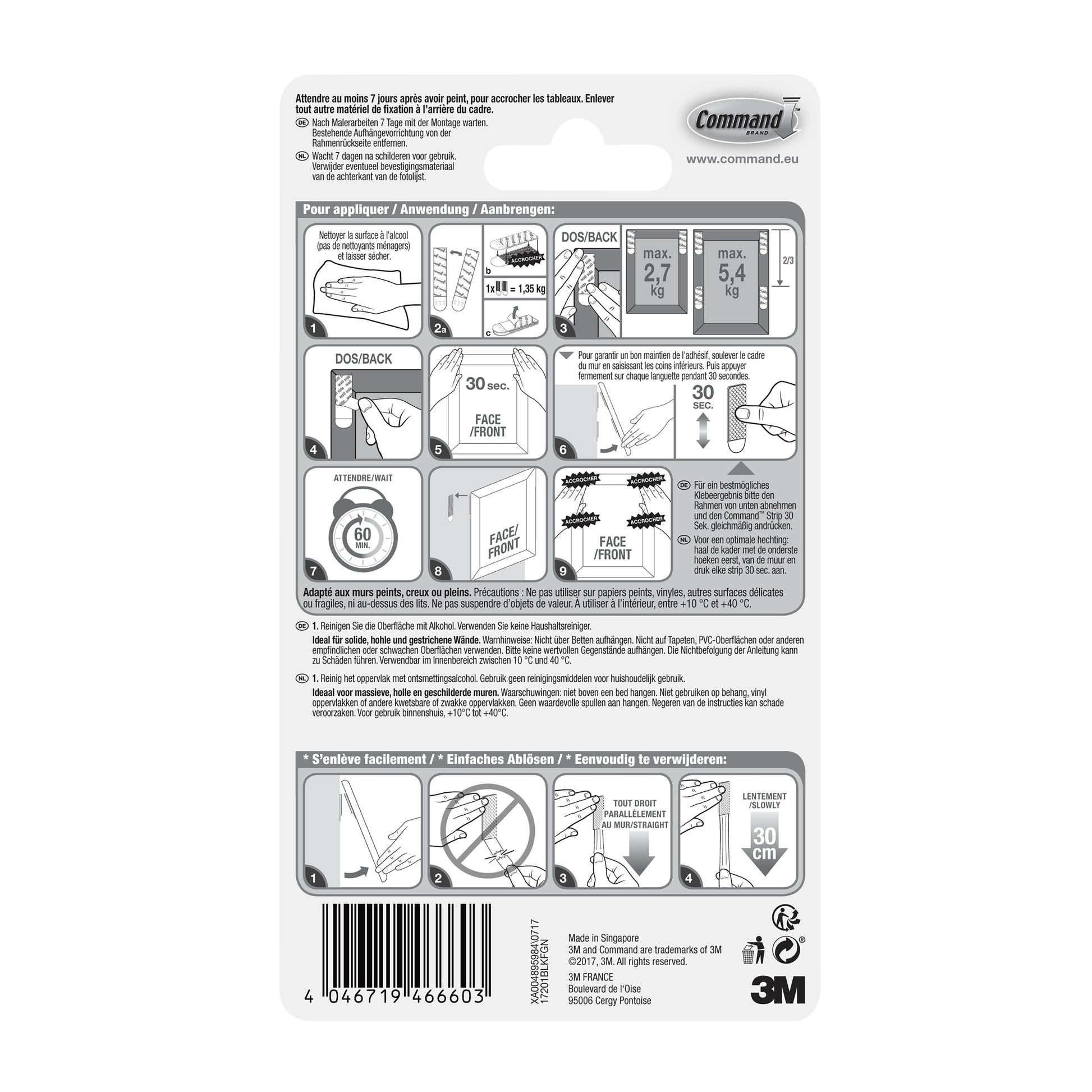 Auf der Rückseite einer 3M Deutschland GmbH Mittelgroße schwarze Command™ Bilder-Montage Strips M 17201BLK Packung (1 Stück) befinden sich illustrierte Anwendungs-/Entfernungsschritte, Gewichtsgrenzen, Sicherheitshinweise, Produktdetails und Branding in mehreren Sprachen.