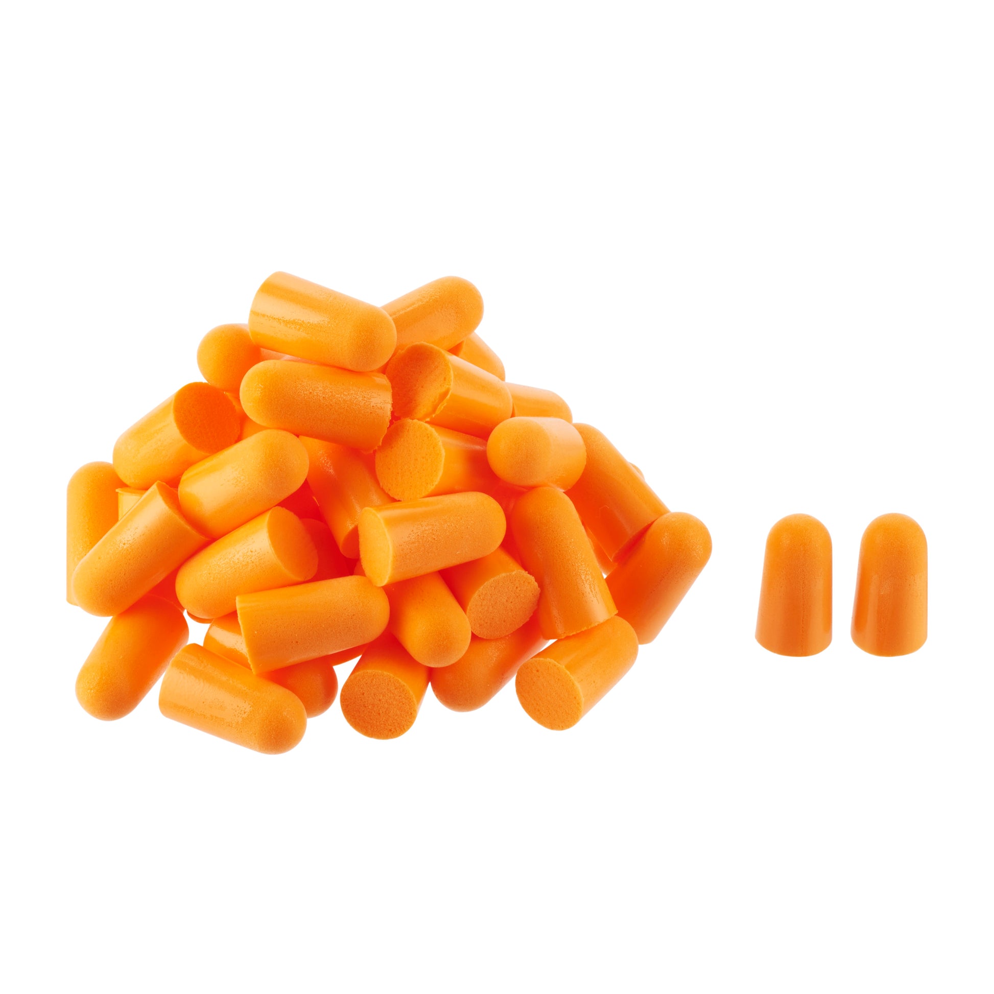 Ein Stapel 3M™ Gehörschutzstöpsel 1100, Weichschaum, SNR 35 dB, orange von 3M Deutschland GmbH ist auf weißem Hintergrund abgebildet, mit zwei Gehörschutzstöpseln hochkant rechts.