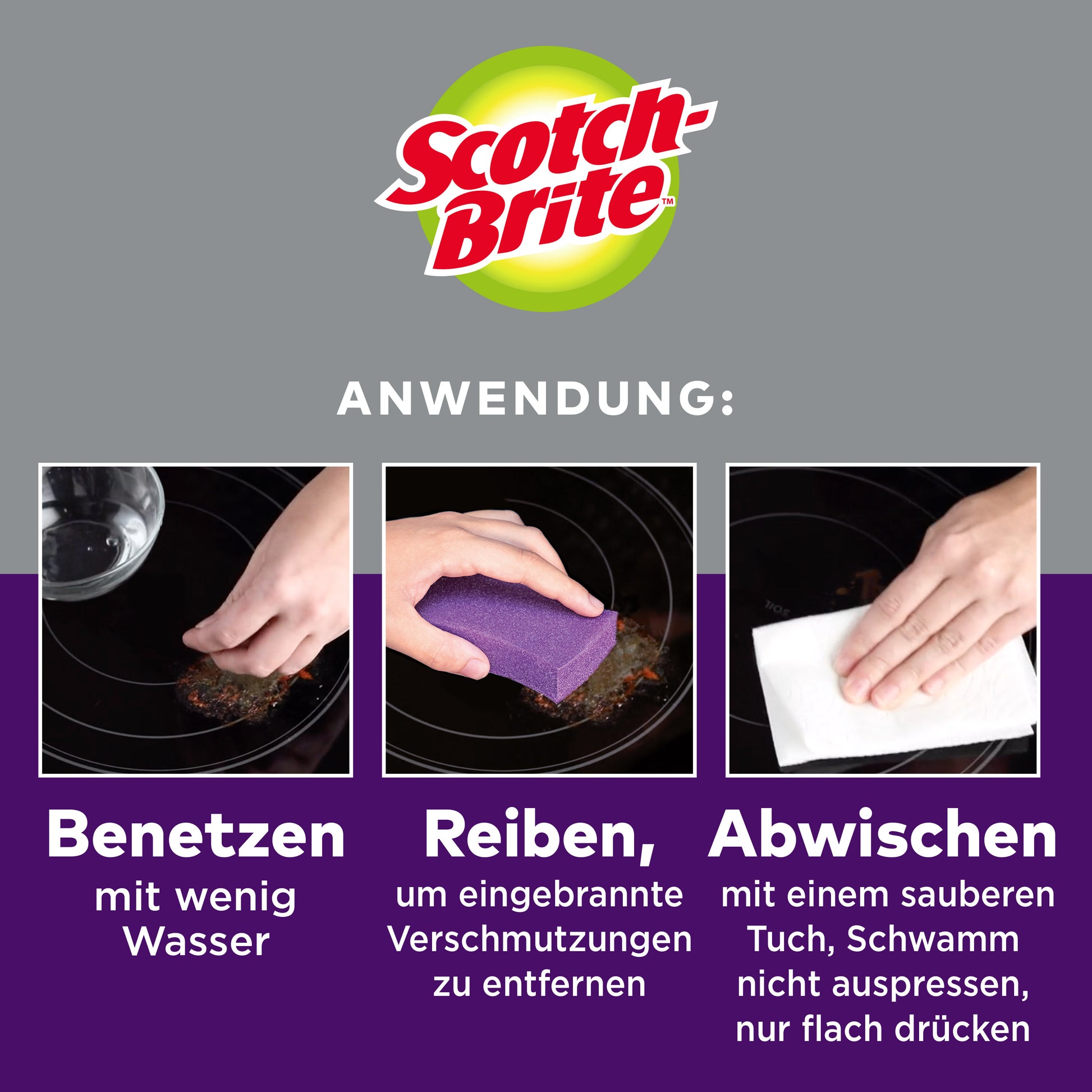 Anleitungsbild mit Scotch-Brite™ Glaskeramik-Reinigungsschwamm (3 Stück/Packung) von 3M Deutschland GmbH: zeigt Logo, deutsche Schritt-für-Schritt-Reinigung der Herdplatte - nass, schrubben mit lila Schwamm, wischen mit weißem Tuch.