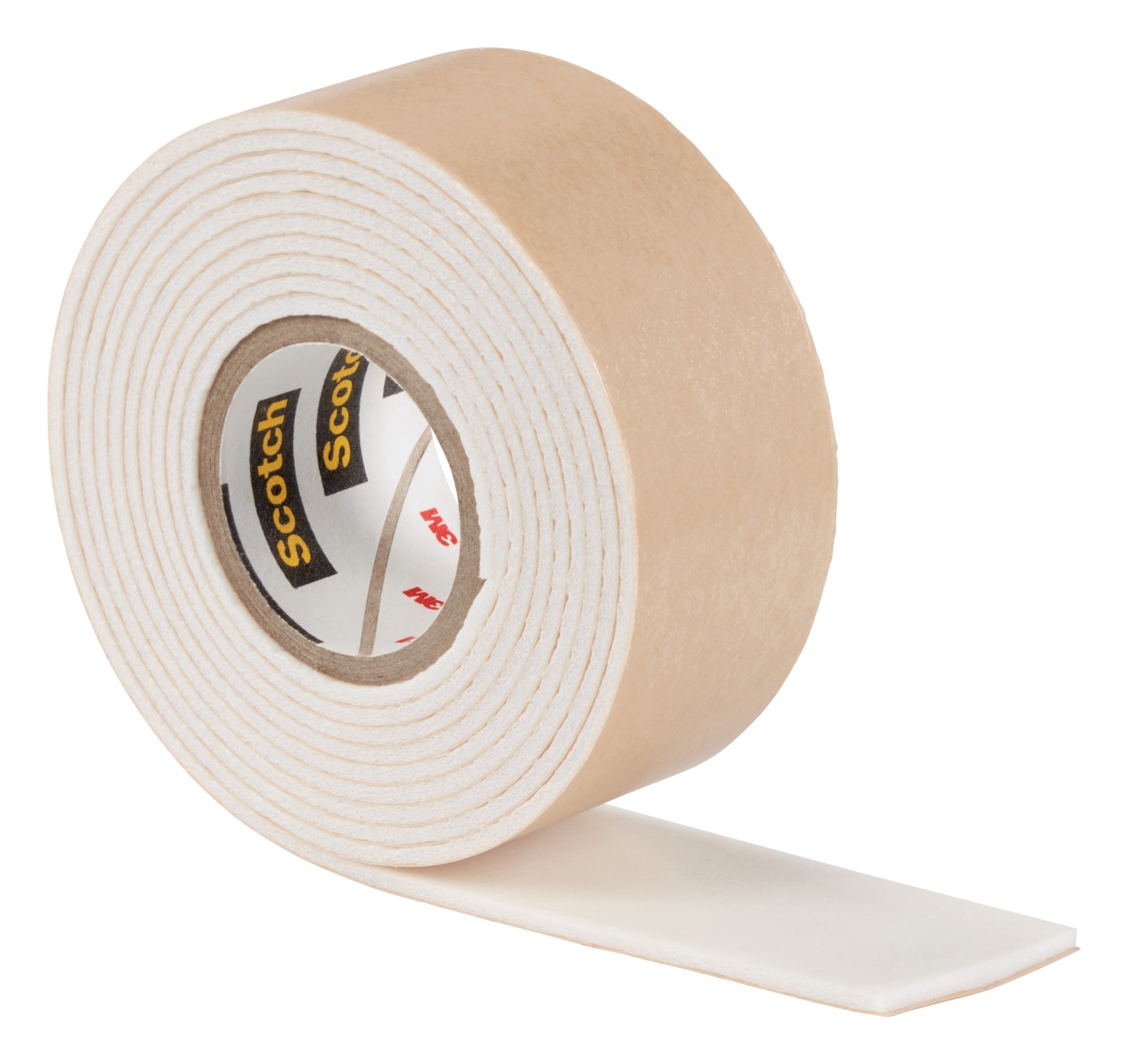 Eine Rolle Scotch-FIX™ Spiegelmontageband 4496W von 3M Deutschland GmbH, mit einem teilweise abgerollten weißen Klebestreifen und sichtbarem Logo - perfekt für die Spiegelmontage und tägliche Befestigungsaufgaben.