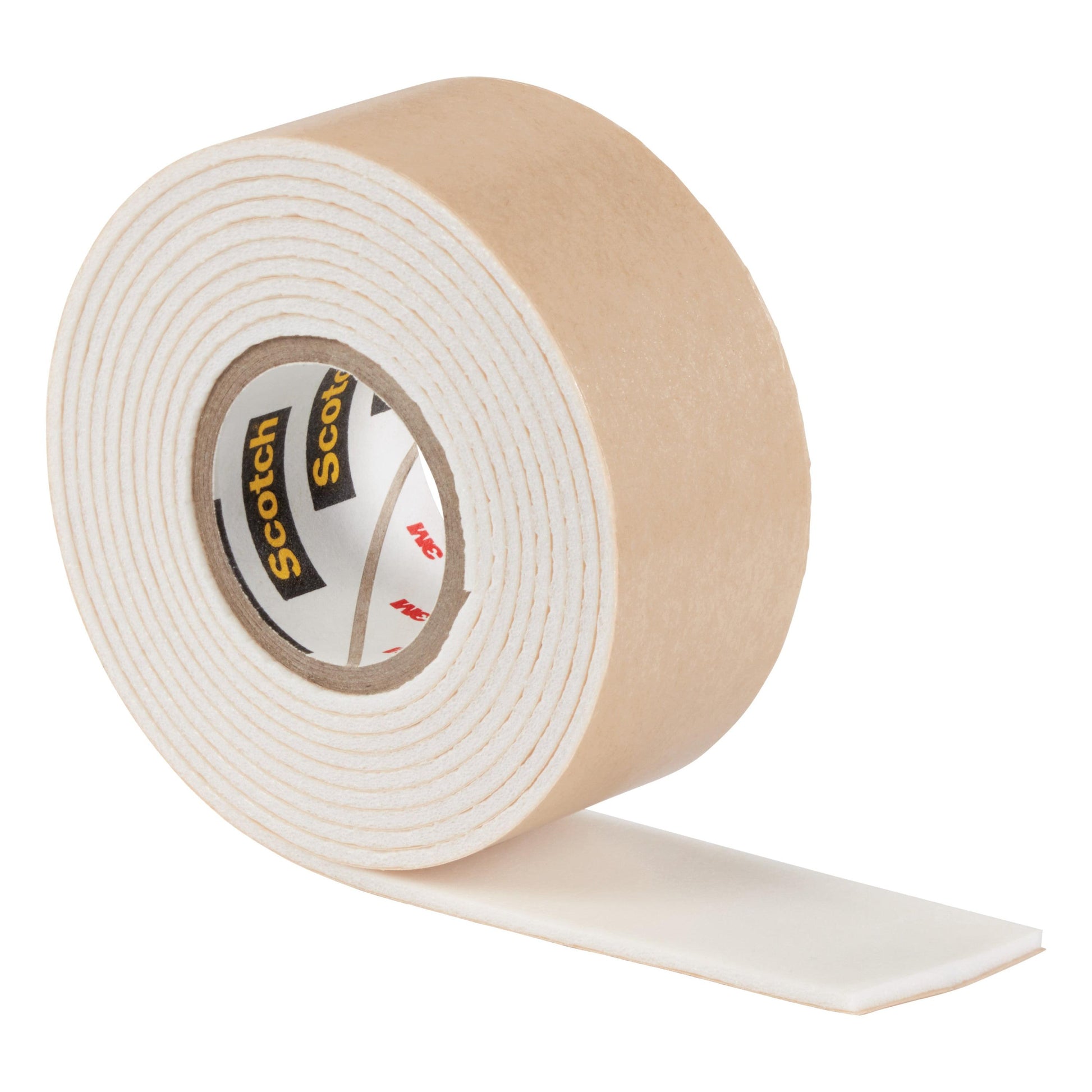 Eine Rolle Scotch-FIX™ Spiegelmontageband 4496W von 3M Deutschland GmbH, mit einem teilweise abgerollten weißen Klebestreifen und sichtbarem Logo - perfekt für die Spiegelmontage und tägliche Befestigungsaufgaben.