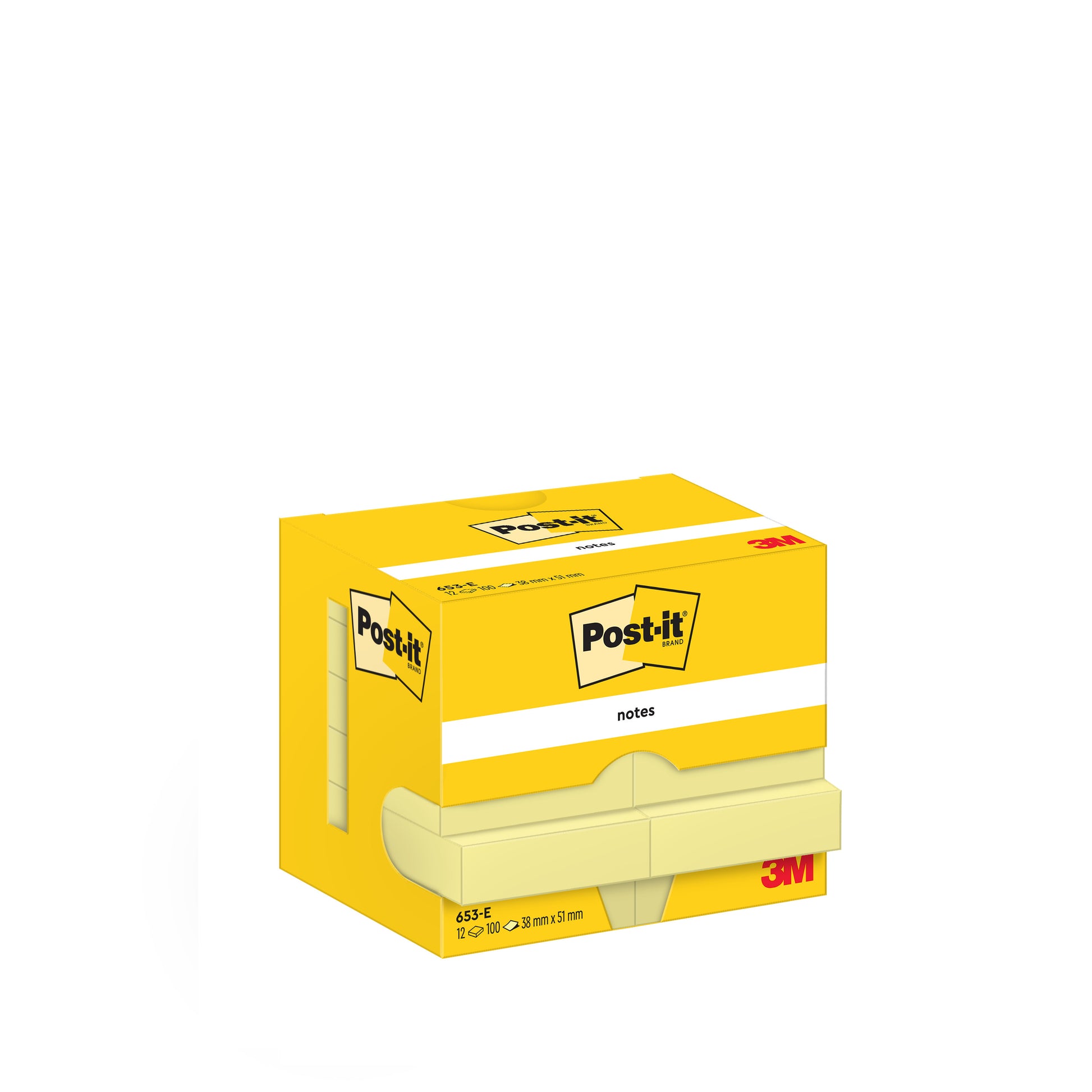 Eine gelbe Schachtel Post-it® Notes (38 mm x 51 mm, 100 Blatt/Pad, 12 Blöcke/Packung) der 3M Deutschland GmbH hat eine PEFC-zertifizierte Kartonverpackung und trägt das 3M-Logo in der rechten unteren Ecke.