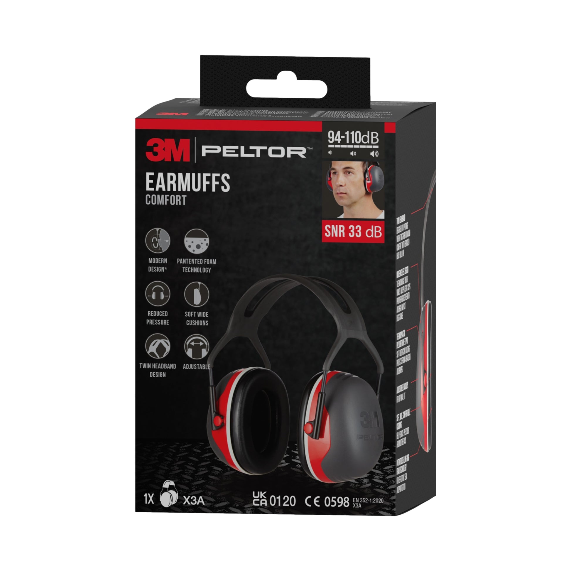 Schwarzer und roter 3M™ PELTOR™ Komfort-Kapselgehörschutz von 3M Deutschland GmbH in Verpackung, mit Foto, SNR 33 dB, Komfortmerkmalen, Benutzerbild und Modell X3A auf dem Karton.