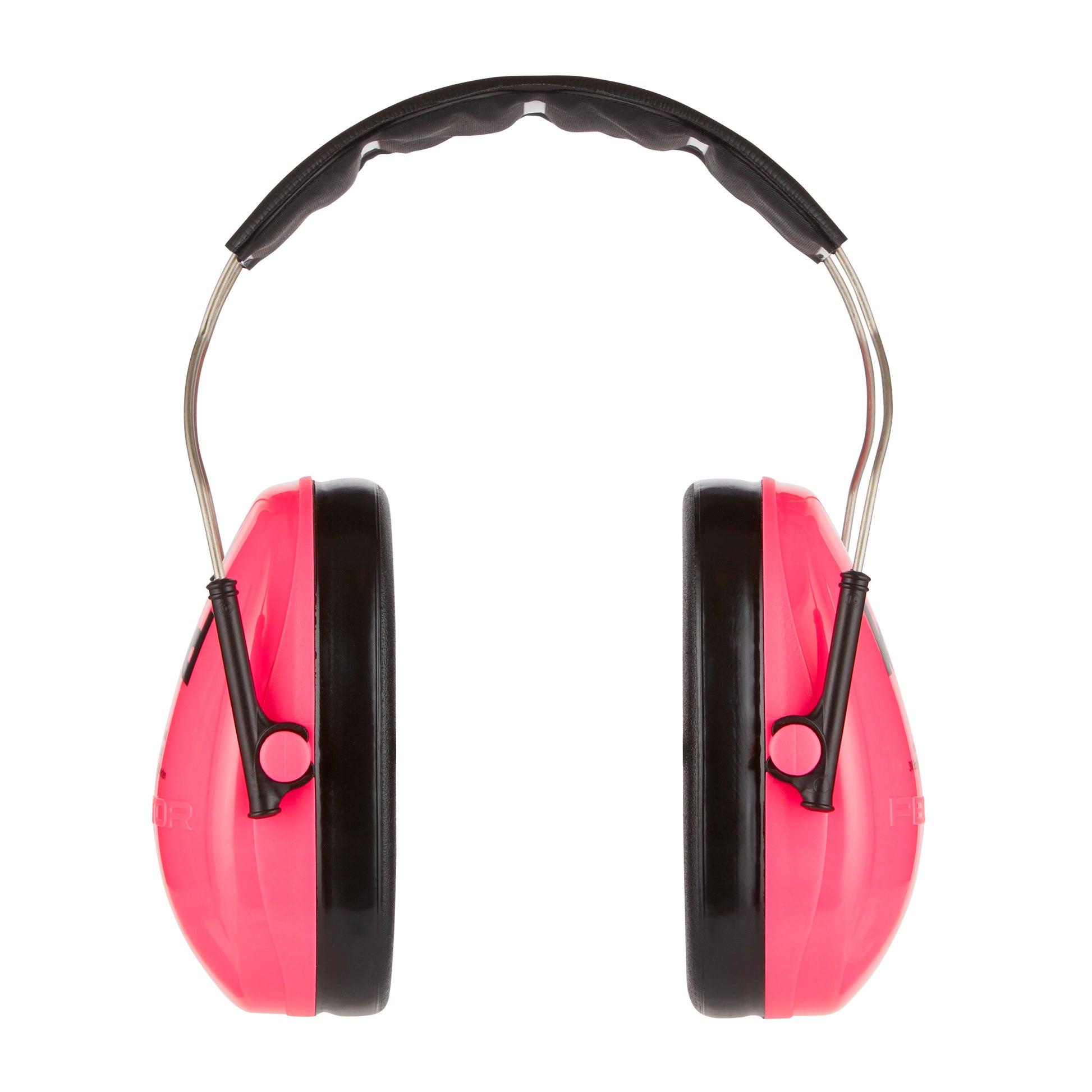 Der 3M™ PELTOR™ Kapselgehörschutz für Kinder von 3M Deutschland GmbH zeigt sich von vorne in Pink und Schwarz, mit Überohrschutz und gepolstertem, verstellbarem Kopfband auf weißem Hintergrund.