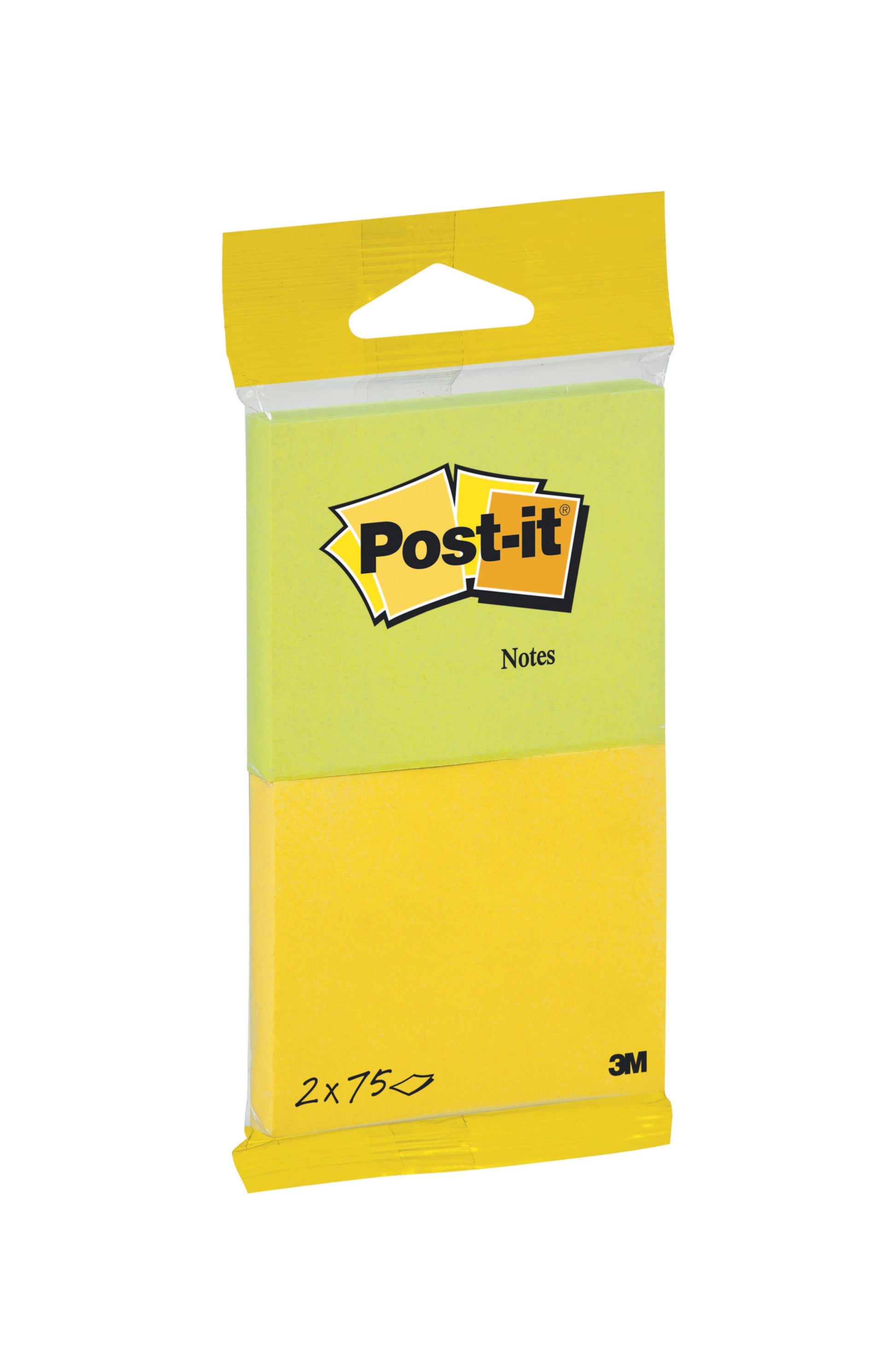 Eine Packung der 3M Deutschland GmbH: Post-it® Notes, Energetic Collection, 76 × 63,5 mm, 2 gelbe Blöcke, je 75 Blatt, 100% PEFC-zertifiziert (SGSCH-PEFC-COC-110078), mit Aufhängeloch und Post-it Notes Logo auf der Packung.