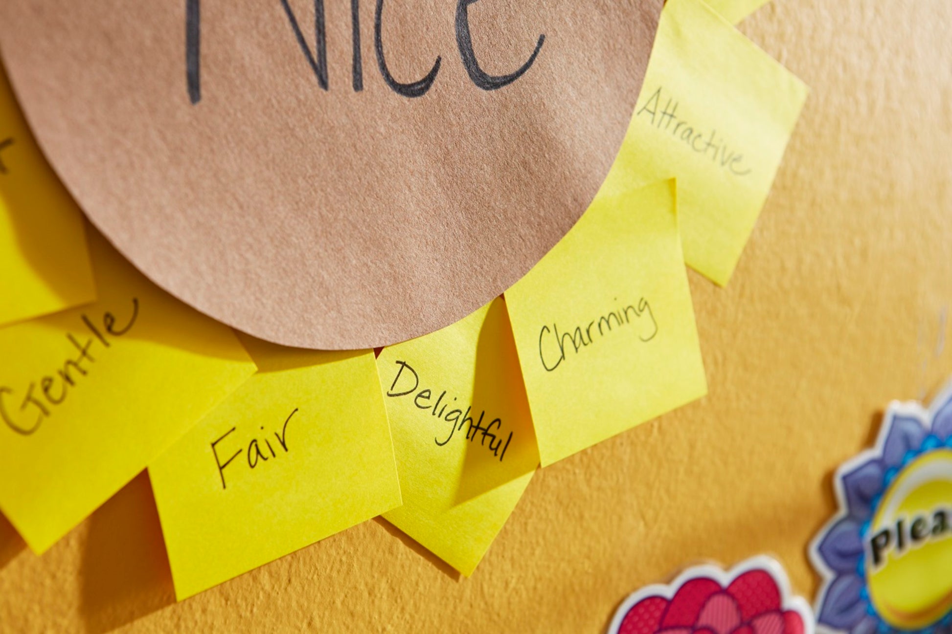 Post-it® Recycling Zettel (38 mm x 51 mm, 100 Blatt/Block, 100% PEFC) der 3M Deutschland GmbH, die mit positiven Adjektiven wie "sanft", "fair" und "charmant" beschriftet sind, liegen kreisförmig auf einer gelben Wand um braunes Papier mit der Aufschrift "nett".