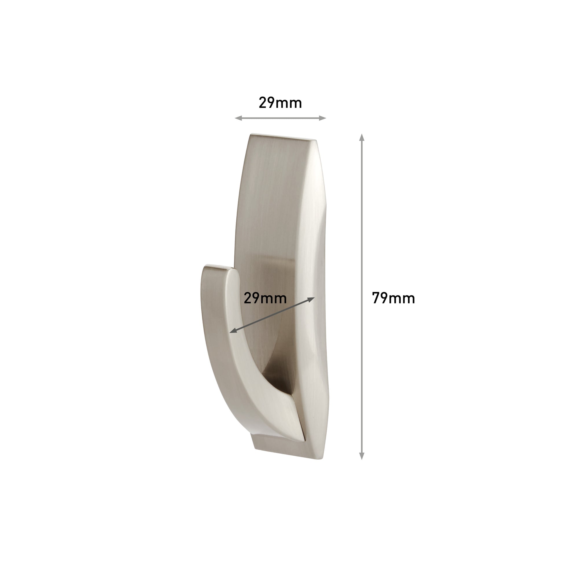 Der Command™ Metallhaken "Modern Reflection" von 3M Deutschland GmbH ist aufrecht vor weißem Hintergrund abgebildet, mit den beschrifteten Maßen von 29mm Breite und 79mm Höhe.