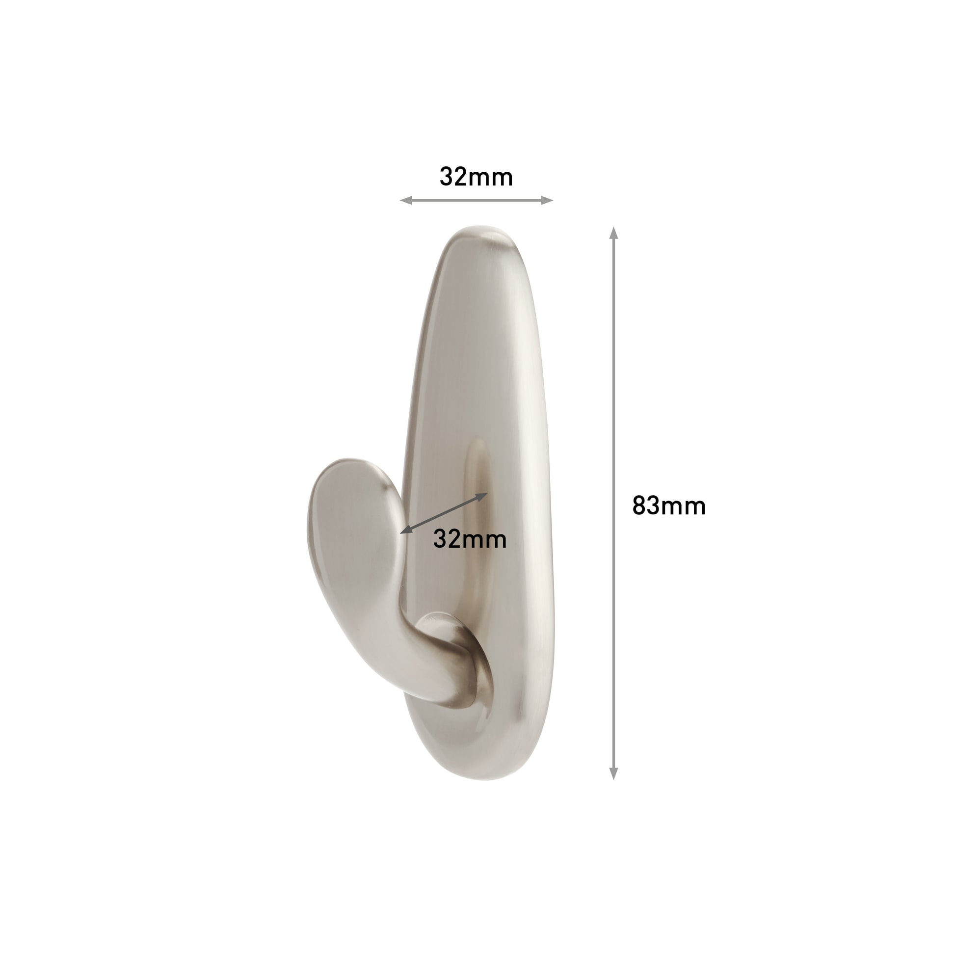 Der Command™ Metallhaken "klassisch" von 3M Deutschland GmbH ist hochkant abgebildet. Er hat eine silberne Oberfläche, abgerundete Kanten und misst 83 mm Höhe und 32 mm Breite. Die Hakenverlängerung ist ebenfalls 32 mm breit, alle Maße sind durch Pfeile gekennzeichnet.