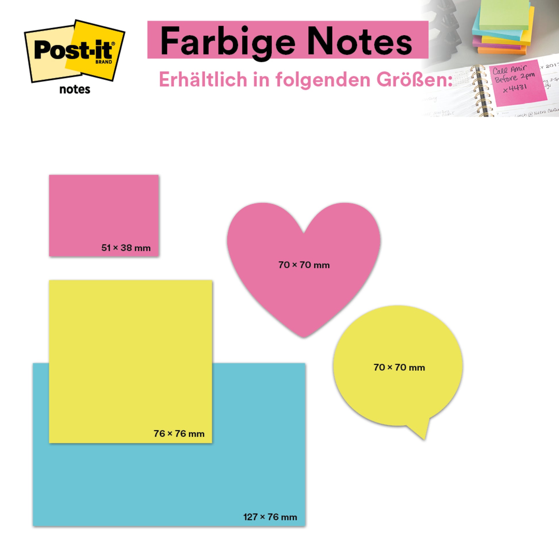 Ein Bild zeigt bunte 3M Deutschland GmbH Post-it® Haftnotizen (76 mm x 127 mm, 100 Blatt/Block, 100% PEFC) in verschiedenen Formen und Größen: gelbes Quadrat, rosa Herz, gelbe Sprechblase, blaues Rechteck, kleines gelbes Quadrat; Angaben in Deutsch.