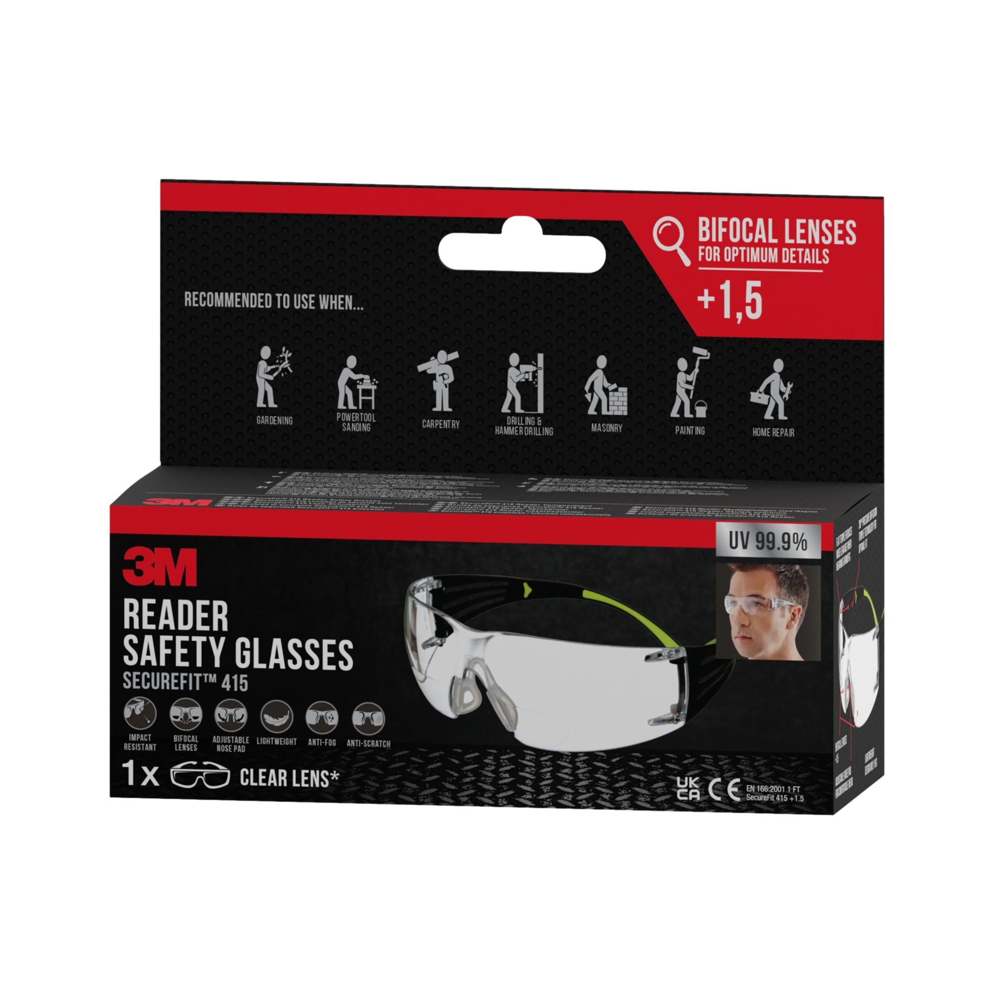 Eine Schachtel 3M™ SecureFit™ Lese-Schutzbrille von 3M Deutschland GmbH mit Bifokalgläsern +1,5. Die Verpackung zeigt die Brille und Symbole für Anwendungen wie Reinigung, Schreinerei, Elektroarbeiten, Montage, Malerei und Schweißen.