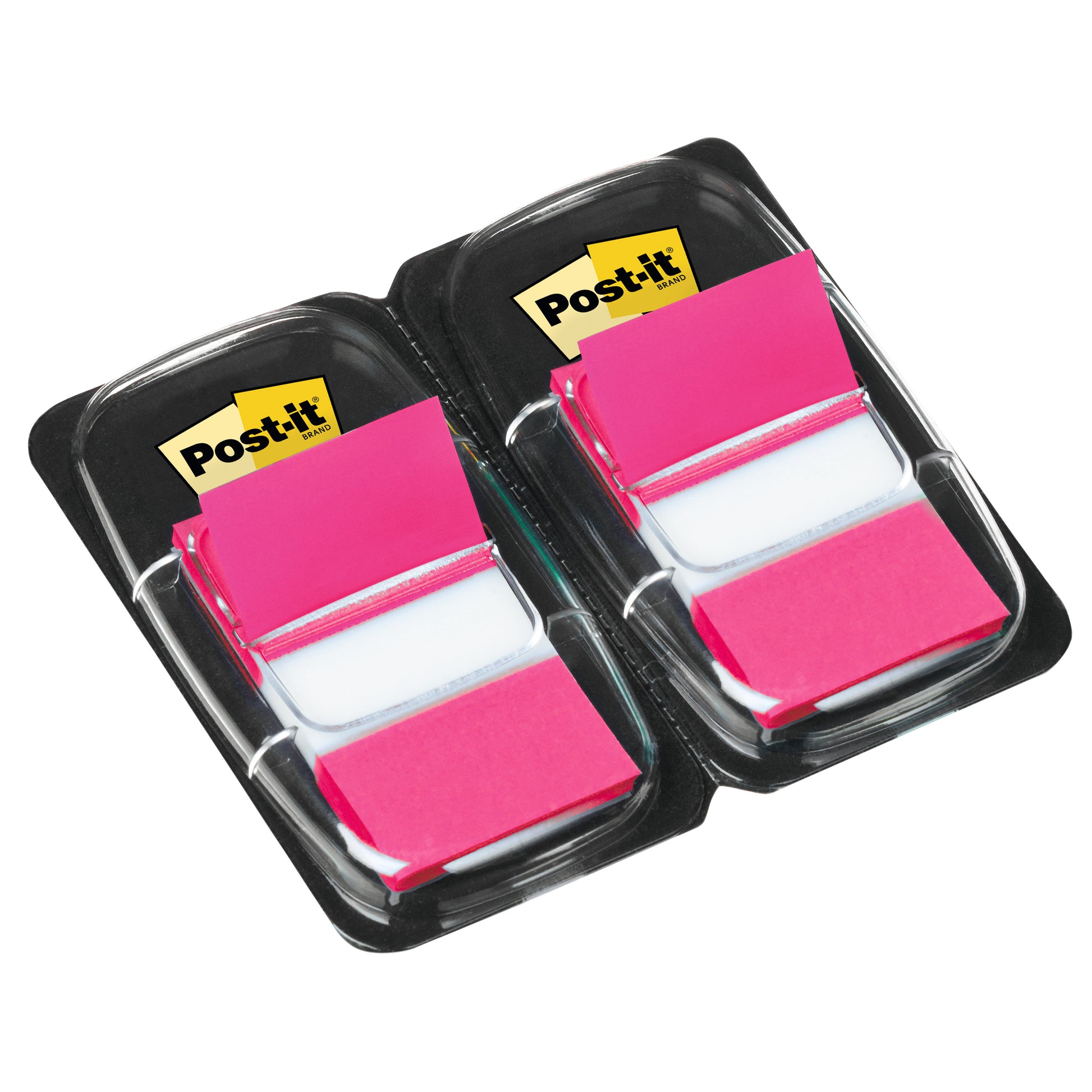 Zwei schwarze Spender der 3M Deutschland GmbH, gefüllt mit je 50 rosafarbenen Post-it® Index Haftstreifen (25,4 x 43,2 mm) und beklebt mit einem gelben Post-it® Logoetikett. Die Spender werden nebeneinander aufgestellt.