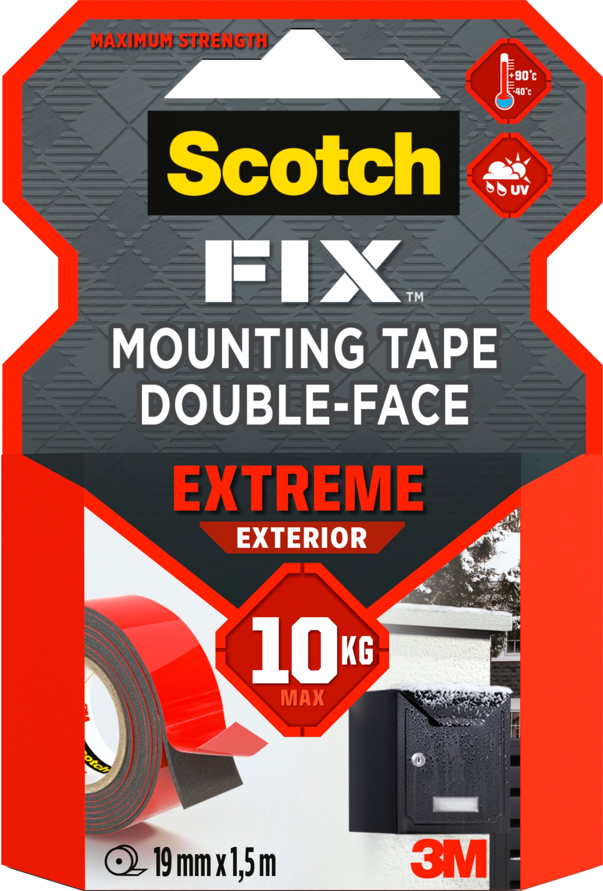 Ein Paket Scotch-FIX™ Extreme doppelseitiges Außenmontageband von 3M Deutschland GmbH, mit maximaler Festigkeit, 10 kg Belastbarkeit, UV-Beständigkeit, Größe 19 mm x 1,5 m, ideal für den Außeneinsatz.