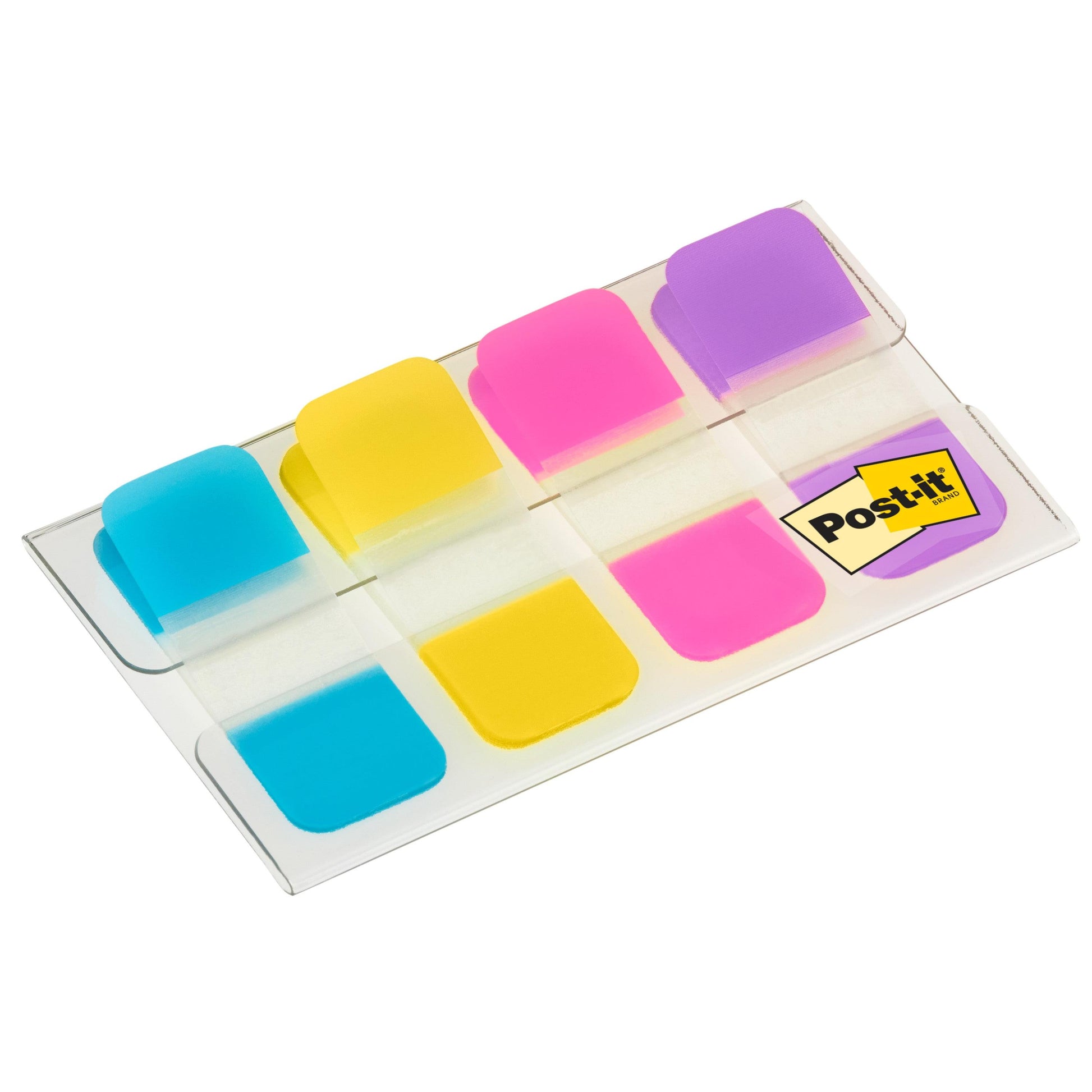 Ein Kunststoffetui von 3M Deutschland enthält 40 Post-it® Index Strong Mini Tabs (15,8 mm x 38,1 mm) in den Farben Blau, Violett, Pink und Gelb mit einem gelben Post-it Etikett in der rechten unteren Ecke; 1 Spender pro Packung.