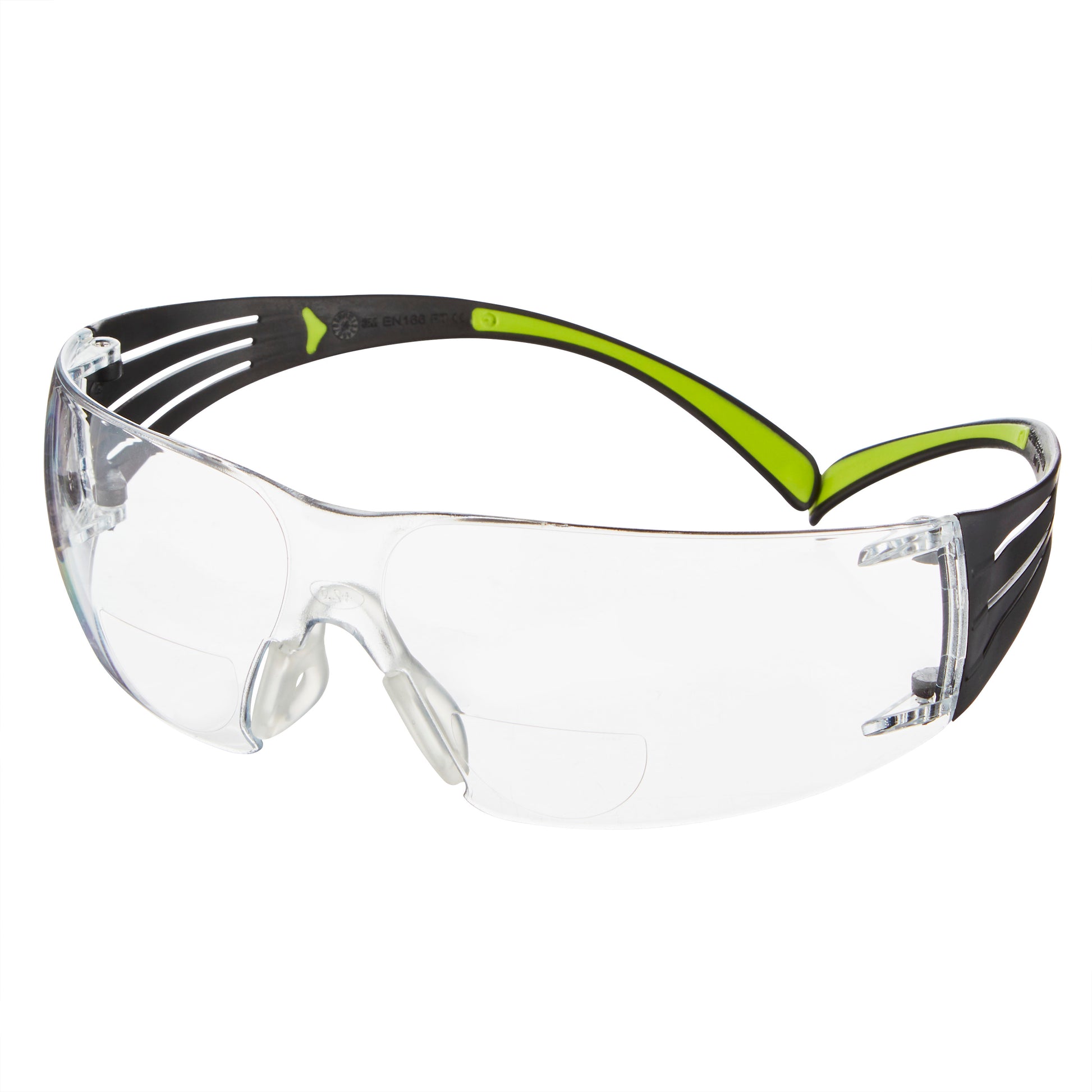 Die 3M™ SecureFit™ Lese-Schutzbrille der 3M Deutschland GmbH hat klare, umlaufende Gläser, schwarze und grüne Bügel und Nasenpads, abgebildet auf weißem Hintergrund.