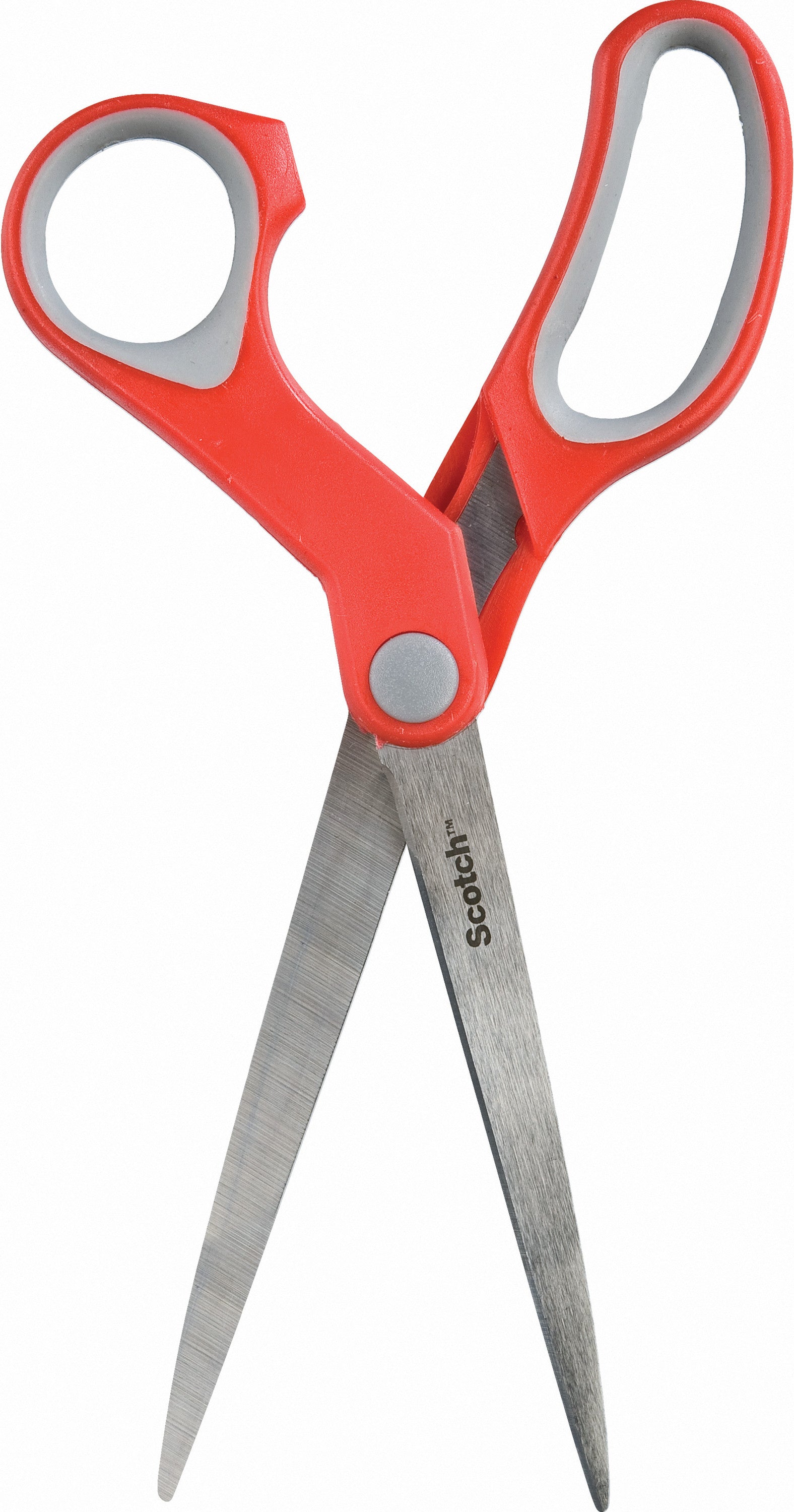 Abgebildet ist ein Paar Scotch™ Komfortschere, rot von 3M Deutschland GmbH, mit roten Kunststoffgriffen und teilweise geöffneten Metallklingen vor weißem Hintergrund. Auf einer Klinge ist "Scotch" aufgedruckt.