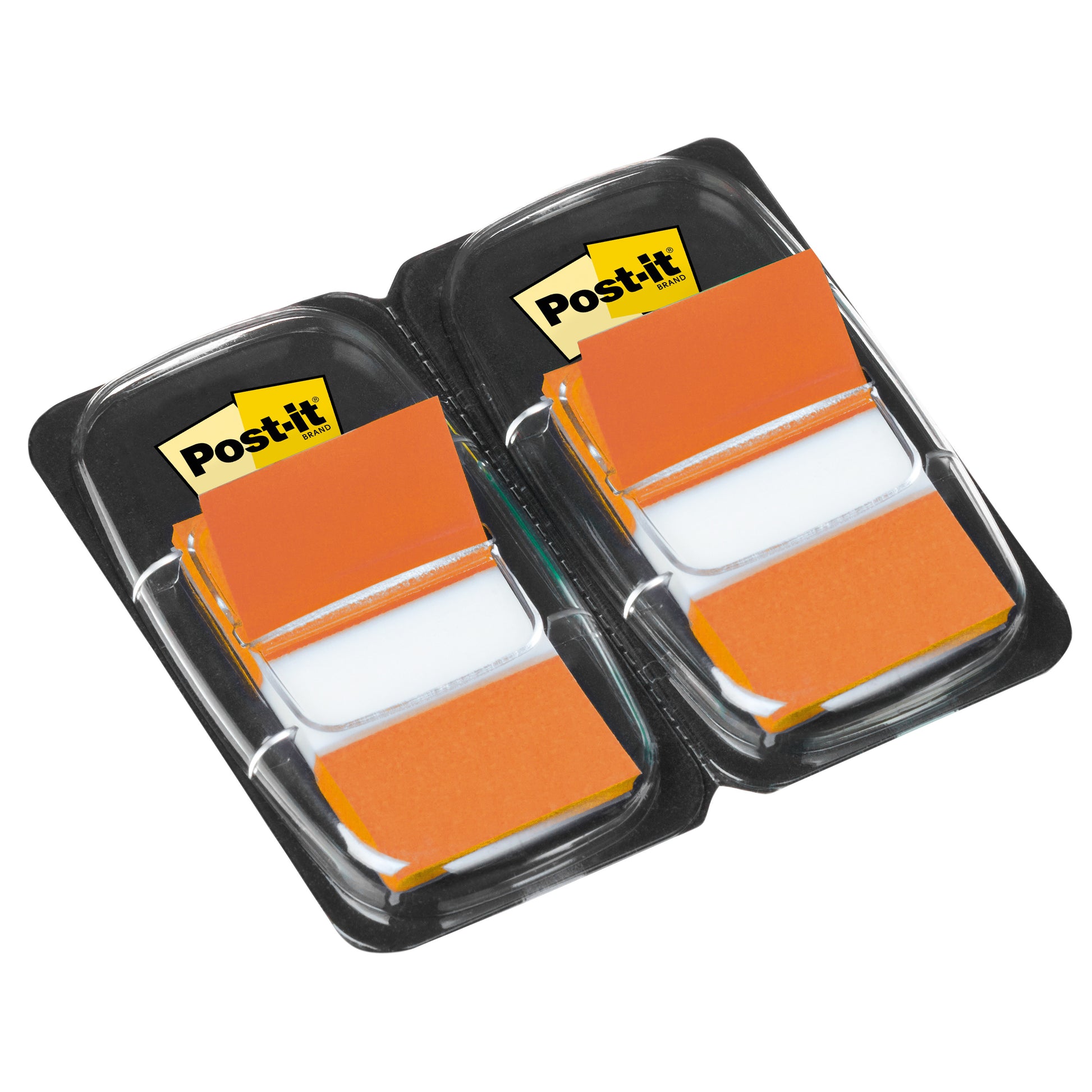 Eine Packung mit zwei Stapeln orangefarbener Post-it® Index Haftstreifen (25,4 x 43,2 mm, 50 Fähnchen/Spender) von 3M Deutschland GmbH, in einem schwarzen Kunststoffhalter mit gelbem Post-it Branding auf jedem Stapel.