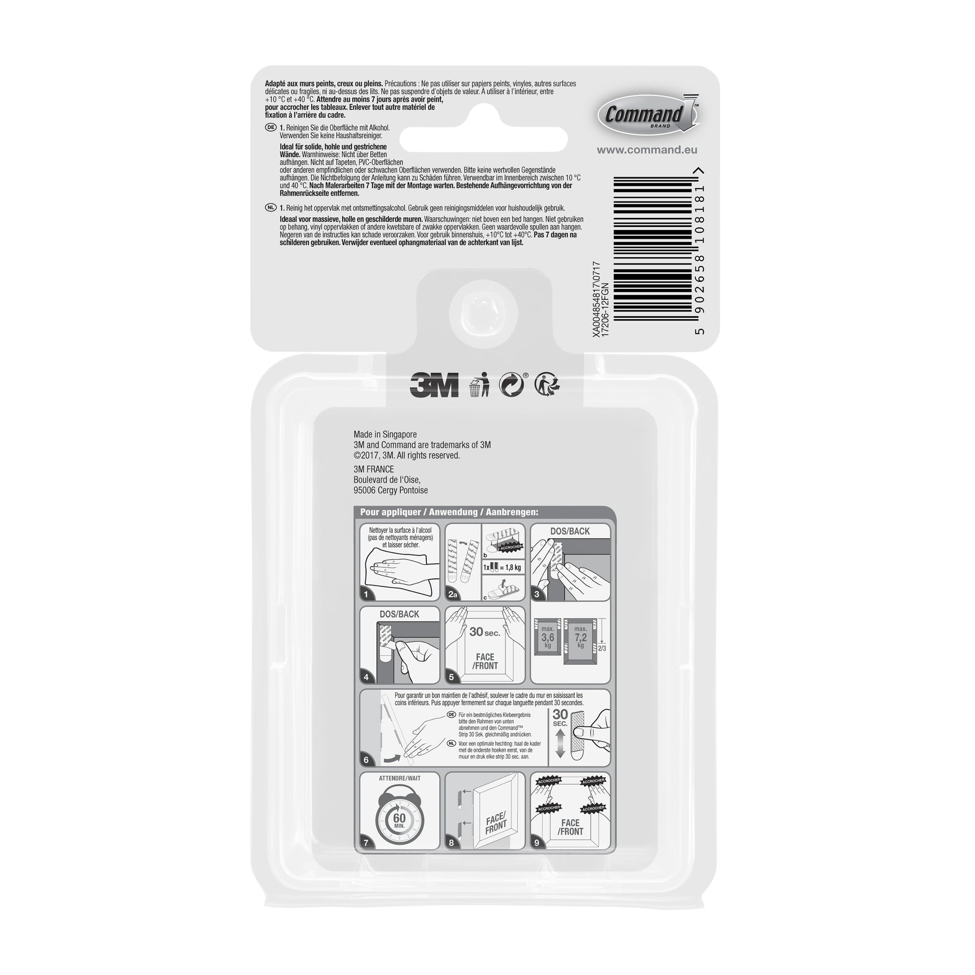 Rückseite der Command™ Große Bilder-Montage Strips L Vorteilspackung (12 Sets, 3M), mit sechs bebilderten Anwendungsschritten, Barcode, Produktinfos und Sicherheitshinweisen in mehreren Sprachen.