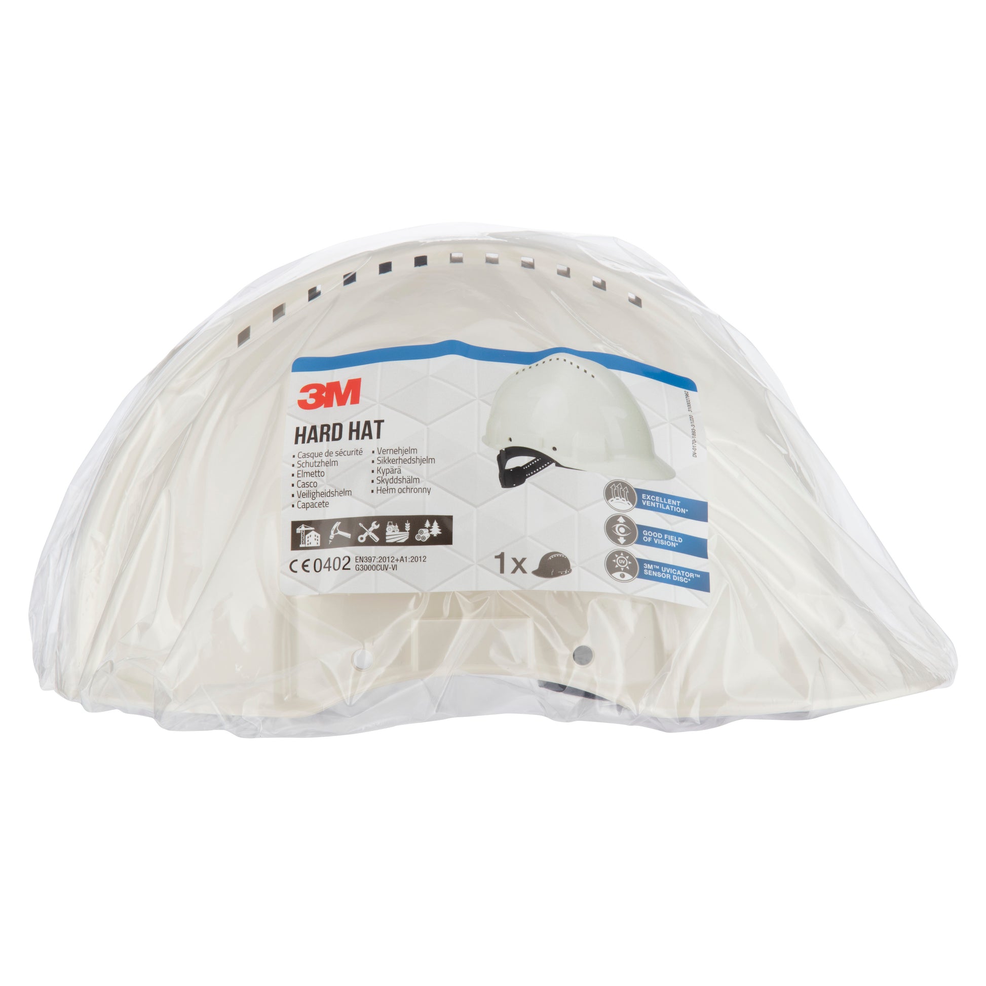 Ein weißer 3M™ Schutzhelm G3000C Uvicator, Anpassung mit Arretierstift von 3M Deutschland GmbH ist in einer durchsichtigen Kunststoffverpackung mit einem Etikett abgebildet, das die Marke, den Produktnamen und Symbole für Sicherheitszertifizierungen und Uvicator-Funktionen enthält.