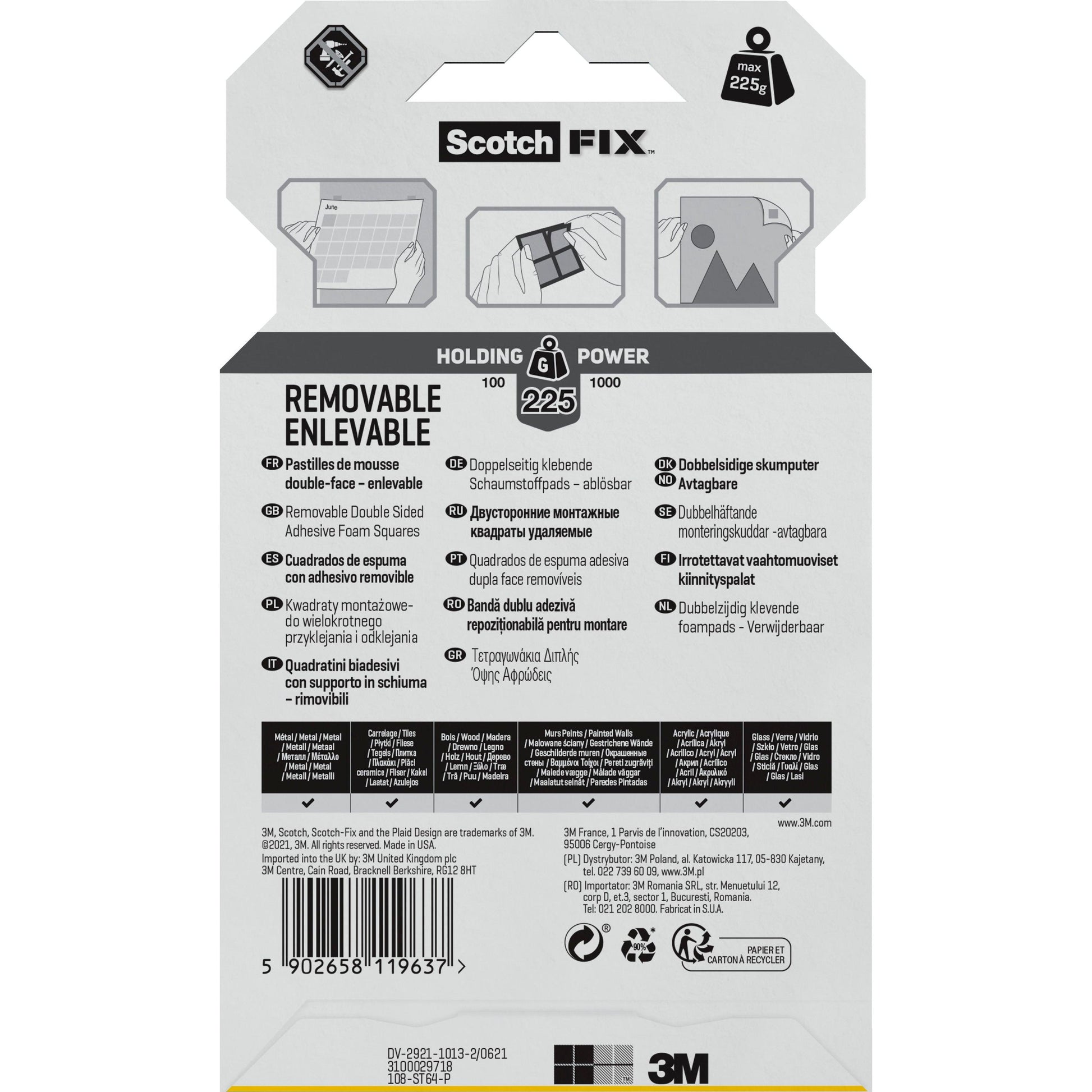 Auf der Rückseite der Verpackung von Scotch-FIX™ Ablösbare Montagequadrate 108-ST64-P (12,7 mm x 12,7 mm, 64 Stück), von 3M Deutschland GmbH, befinden sich Produktinfos, mehrsprachige Anleitung, Barcode, Branding und Haltekraft bis 225g.