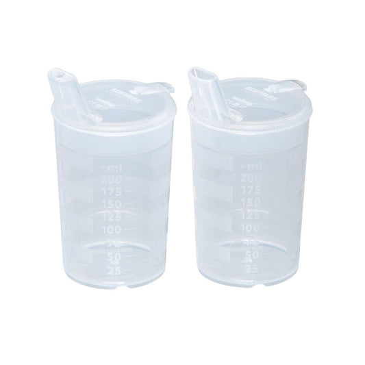 Der melinip Schnabelbecher ECO von Helmut Schwarz GmbH besteht aus zwei transparenten Messbechern mit Schnappdeckel, klaren ml-Markierungen von 25 ml bis 200 ml und 4 mm Klappausgießern; perfekt für den präzisen Einsatz in Krankenhäusern oder Arztpraxen. Wird im 10er-Pack geliefert.