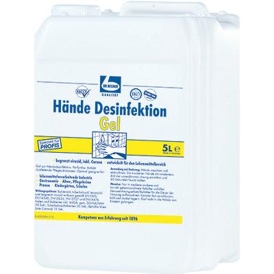 Ein weißer 5-Liter-Behälter mit der Aufschrift „Dr. Becher Hände Desinfektion Gel“ ist mit deutschem Text und Zertifizierungslogos versehen. Dieses hautschonende Gel der Dr. Becher GmbH dient der hygienischen Händereinigung und zeigt Gebrauchs- und Herstellungsdetails gut sichtbar an.