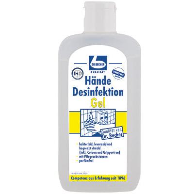Dr. Becher Hände Desinfektionsgel hat einen weißen Klappdeckel, ein blau-weißes Etikett in deutscher Sprache und ist ein hautfreundliches Handdesinfektionsgel, das Bakterien und Viren bekämpft.