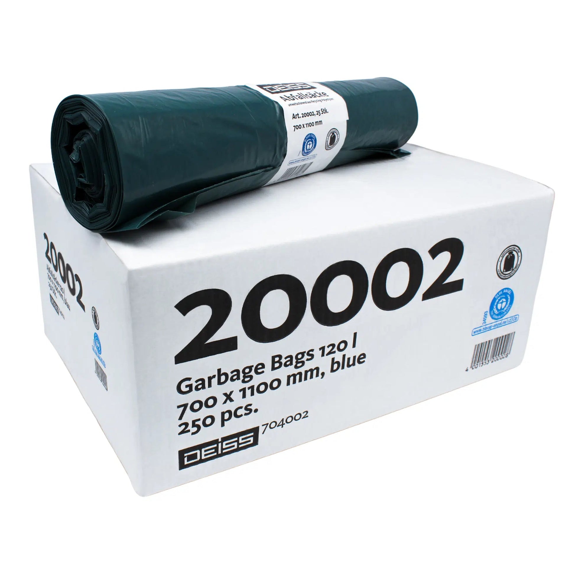 Eine Rolle DEISS Der blaue Engel Abfallsäcke in blauer Farbe liegt auf einem weißen Karton mit der Aufschrift „20002“. Auf dem Karton ist angegeben, dass es sich bei diesen Müllsäcken der Firma EMIL DEISS KG (GmbH + Co.) um 700 x 1100 mm große, aus Recycling-PE gefertigte Säcke handelt, insgesamt sind es 250 Stück.