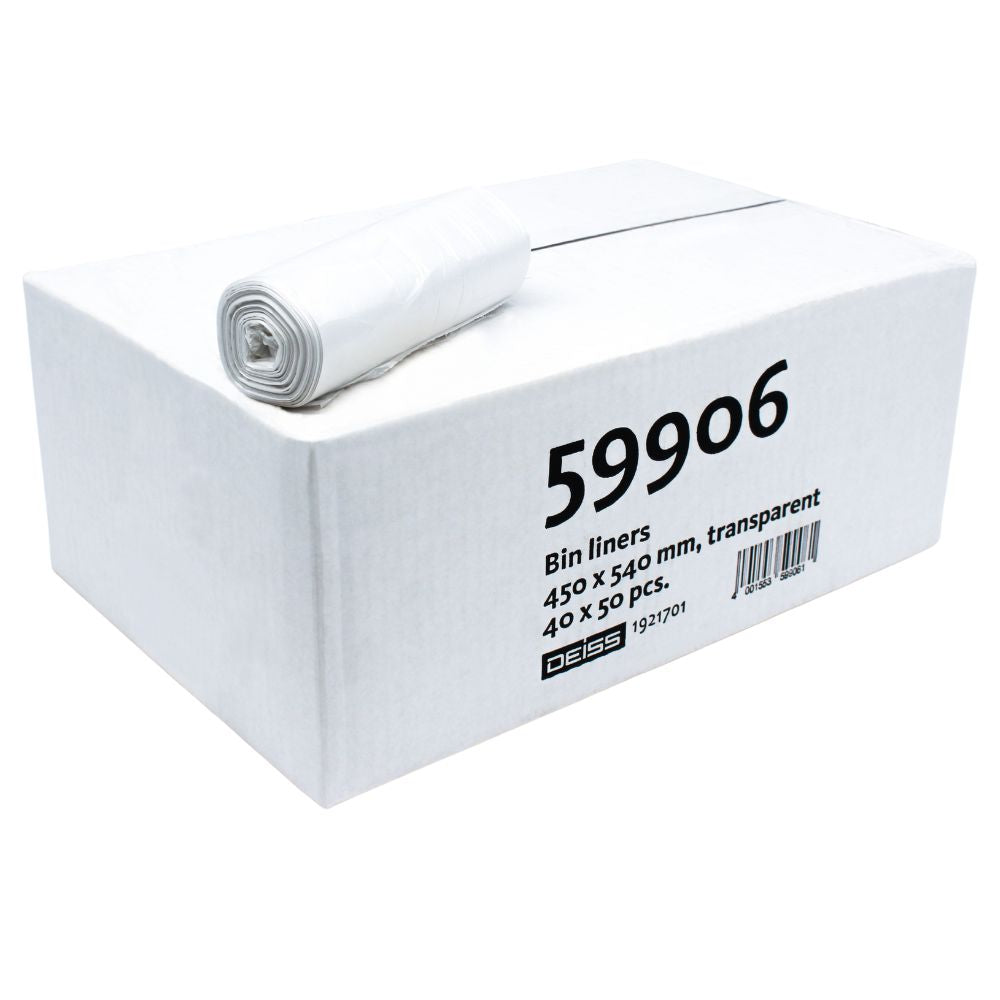Ein Karton mit DEISS HDPE Müllbeuteln 20 Liter, gekennzeichnet mit dem Code „59906“, enthält weiße Müllbeutel aus Recyclingmaterial. Der Karton misst 450 x 540 mm und enthält 40 Rollen, wobei jede Rolle aus 50 Stück besteht, was ihre hohe Folienelastizität unterstreicht. Eine Rolle ist oben auf dem Karton abgebildet. Dieses Produkt wird Ihnen von EMIL DEISS KG (GmbH + Co.) zur Verfügung gestellt.