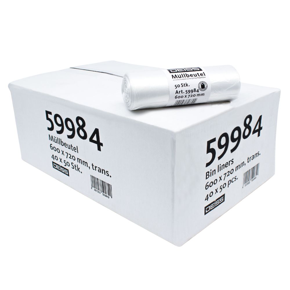 Auf einer weißen Box mit Produktinformationen ist eine kleinere Müllbeutelrolle platziert. Der Text enthält die Angaben „DEISS HDPE Müllbeutel 60 Liter, 59984, weiß“ und die Abmessungen „600 x 720 mm, 40 x 50 PCS“. Er wurde von EMIL DEISS KG (GmbH + Co.) entwickelt, um optimale Folienelastizität für eine effektive Abfallbewirtschaftung zu gewährleisten.