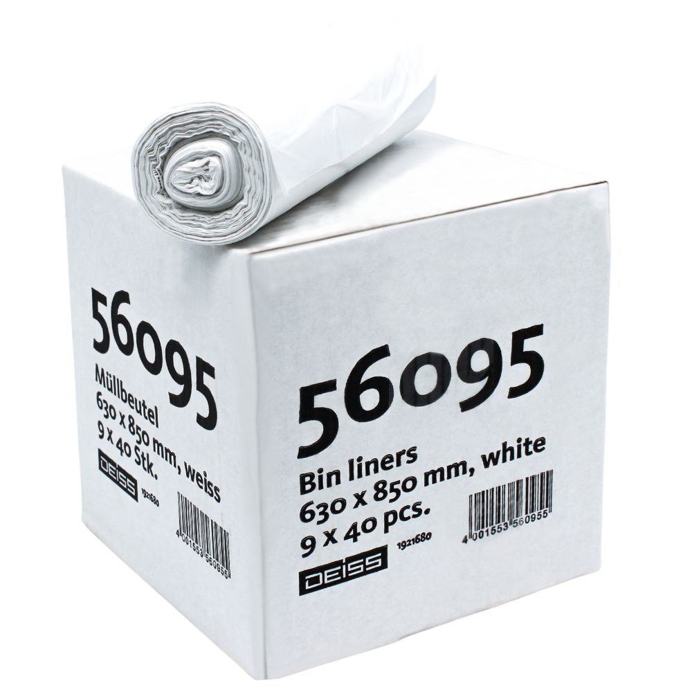 Ein weißer Karton mit einer Müllbeutelrolle, beschriftet mit „56095 Müllbeutel 630 x 850 mm, weiß 9 x 40 Stück“ und hergestellt aus HDPE-Müllsackmaterial von EMIL DEISS KG (GmbH + Co.). Jeder Beutel hat ein Fassungsvermögen von 80 Litern, ideal für das Recycling.