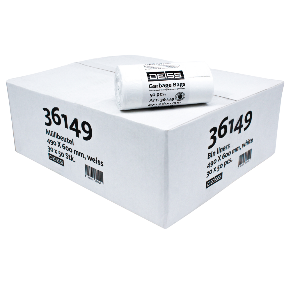 In einem Karton mit der Produktnummer „36149“ befinden sich mehrere Rollen DEISS LDPE Müllbeutel 30 Liter, hergestellt von EMIL DEISS KG (GmbH + Co.). Eine Rolle liegt oben, hat die Maße 490 x 600 mm und enthält 50 Beutel pro Rolle.