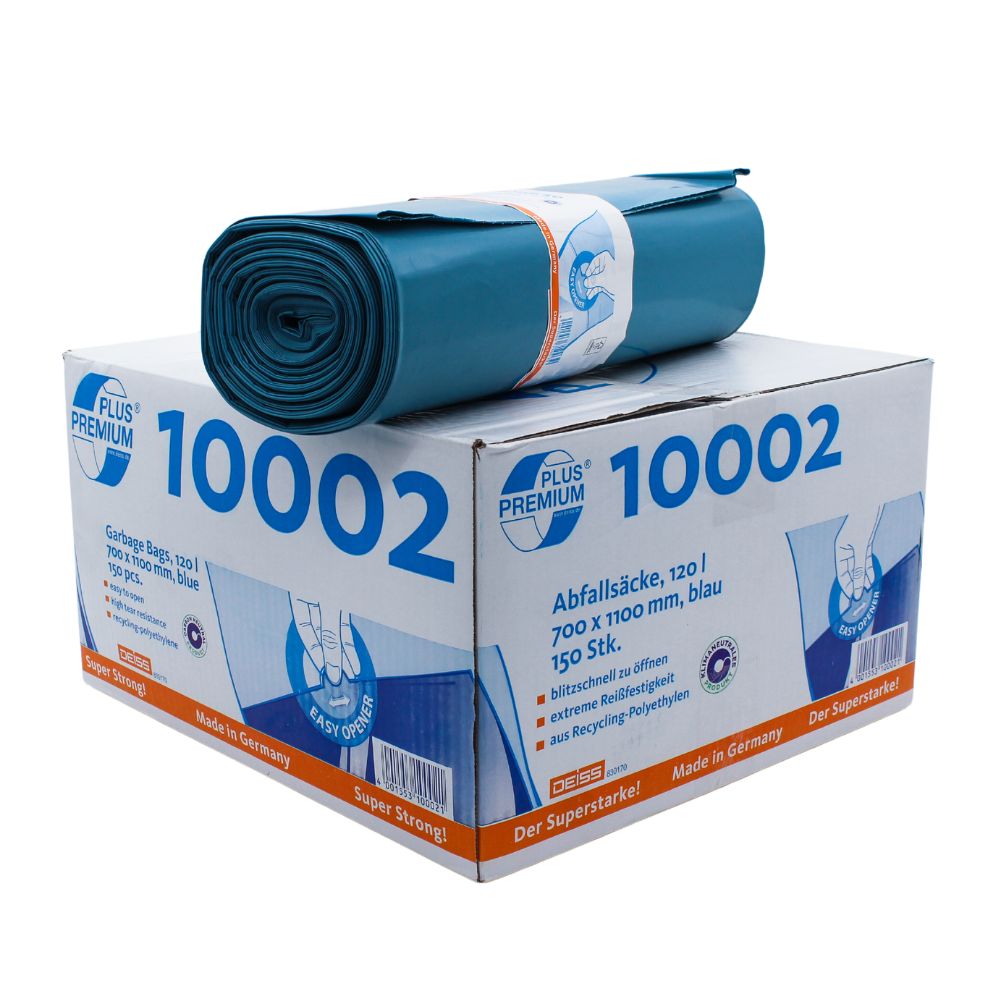 Eine Rolle blauer Müllsäcke liegt auf einem Karton mit der Aufschrift „DEISS Premium Plus® extrem reißfest, Schwerlast Abfallsäcke 10002“, der ein Fassungsvermögen von 120 Litern und die Maße 700 x 1100 mm aufweist. Die 150 Säcke der EMIL DEISS KG (GmbH + Co.) aus Recycling-PE sind klimaneutral und bieten durch ihre durchstoß- und reißfeste Konstruktion eine überragende Haltbarkeit.