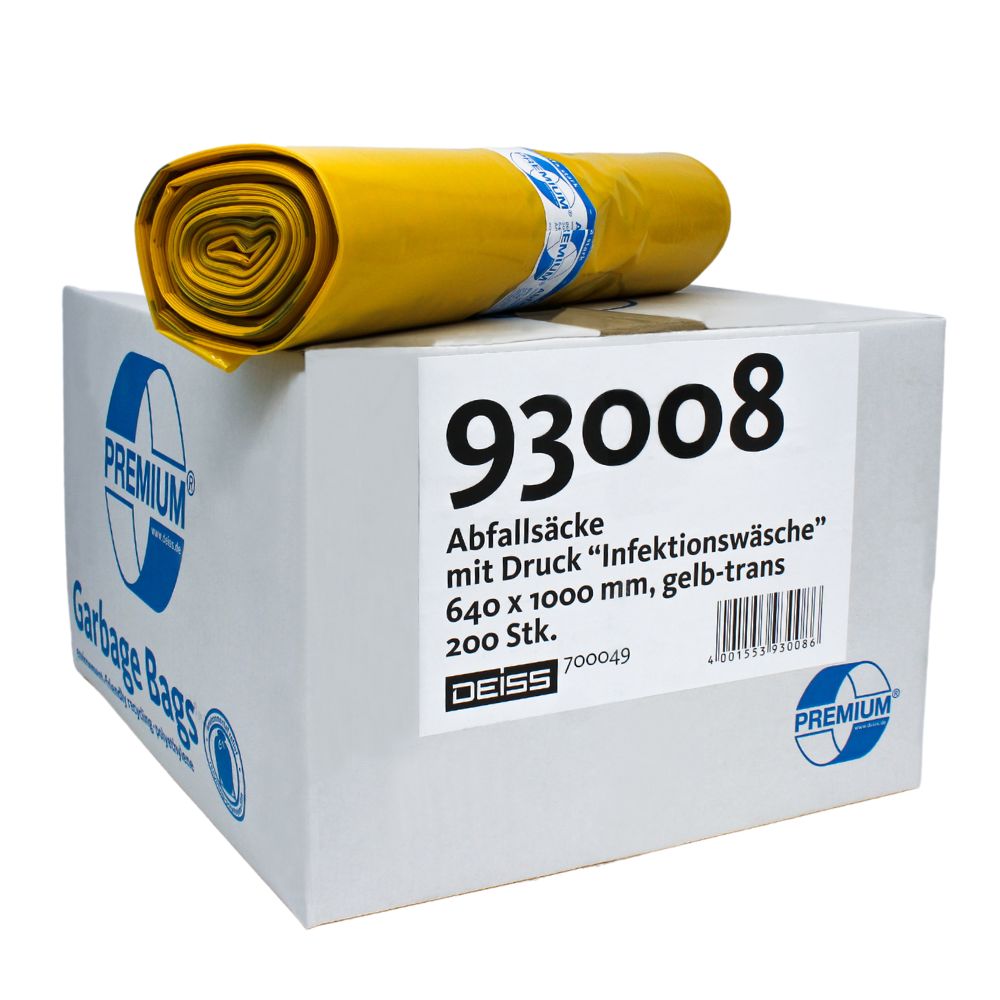 Auf einem Karton mit der Aufschrift „DEISS Premium® Infektions-Wäschesack 93008, 85 Liter“ der Marke EMIL DEISS KG (GmbH + Co.) liegt oben eine Rolle gelber Säcke. Auf dem Etikett steht „93008 Abfallsäcke mit Druck ‚Infektionswäsche‘ 640 x 1000 mm, gelb-trans, hohe Reißfestigkeit, Recycling-LDPE, Infektions-Wäschesack, 200 Stk.“