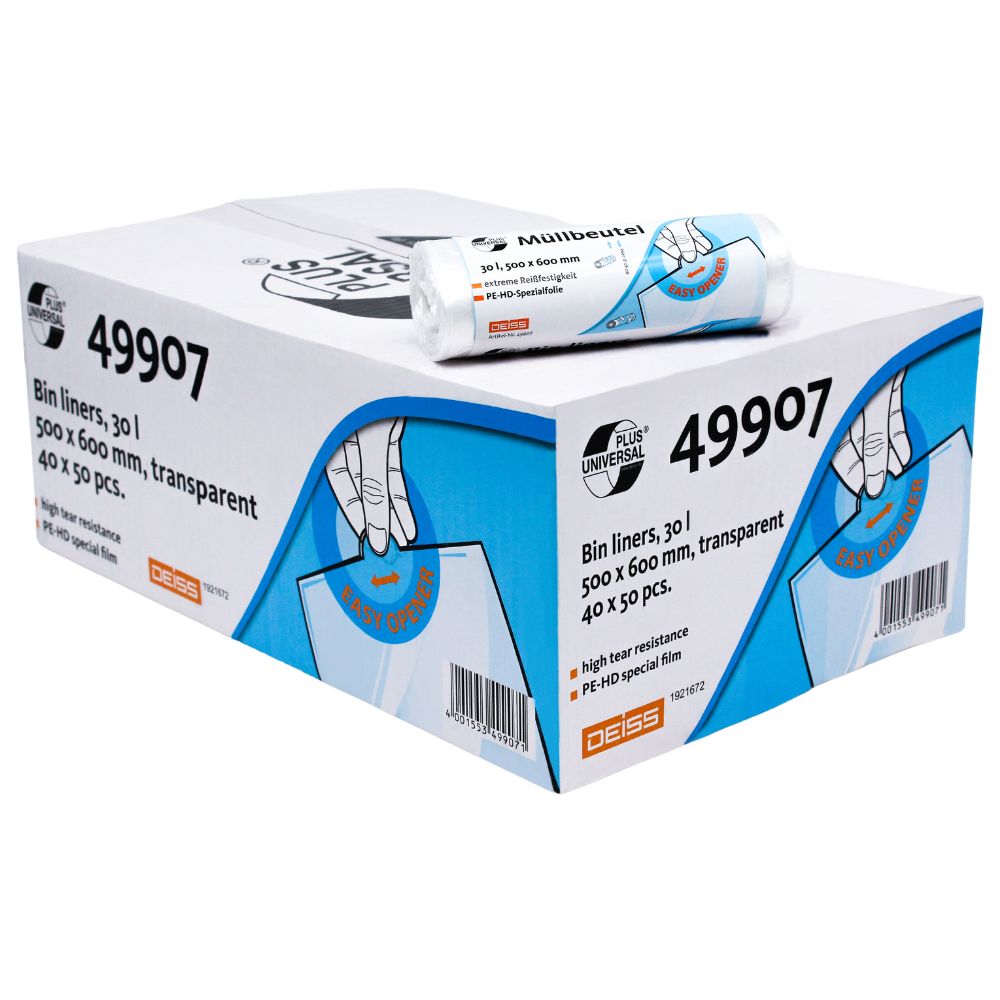 Eine Schachtel DEISS Universal Plus® Müllbeutel, gekennzeichnet durch den Code „49907“, zeigt eine kleinere Rolle obenauf. Die Verpackung zeigt eine Hand, die einen transparenten, reißfesten Beutel mit einem Fassungsvermögen von 30 Litern hält. Sie misst 500 x 600 mm und enthält 40 Pakete mit Beuteln aus HDPE-Spezialfolie zu je 50 Stück. Dieses Produkt ist von EMIL DEISS KG (GmbH + Co.).