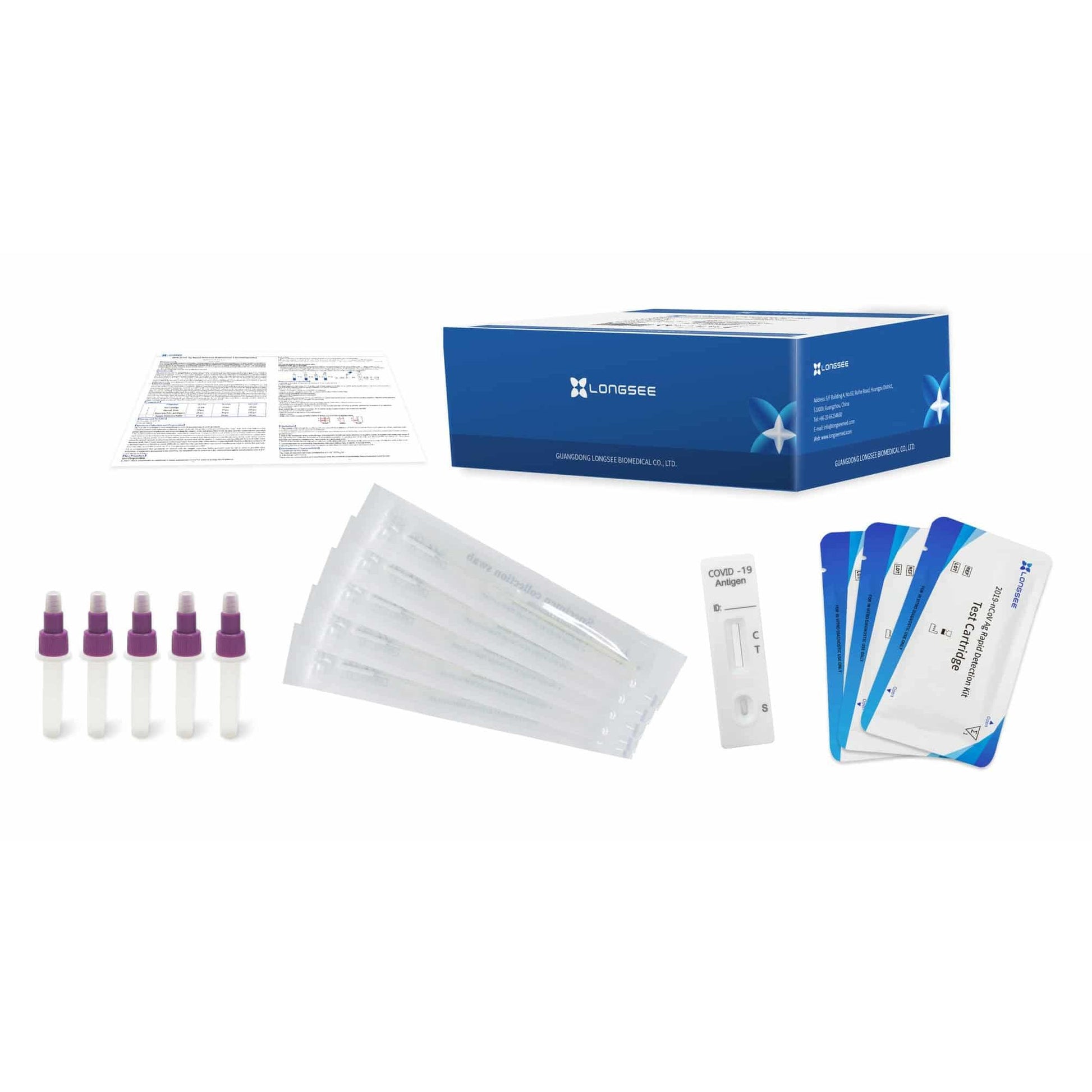 Ein komplettes Longsee Covid-19-Antigen-Schnelltestkit, einschließlich einer Schachtel mit der Aufschrift „Longsee“, Gebrauchsanweisungen, Testkassetten, Pufferröhrchen und sterilen Tupfern, isoliert auf weißem Hintergrund.
